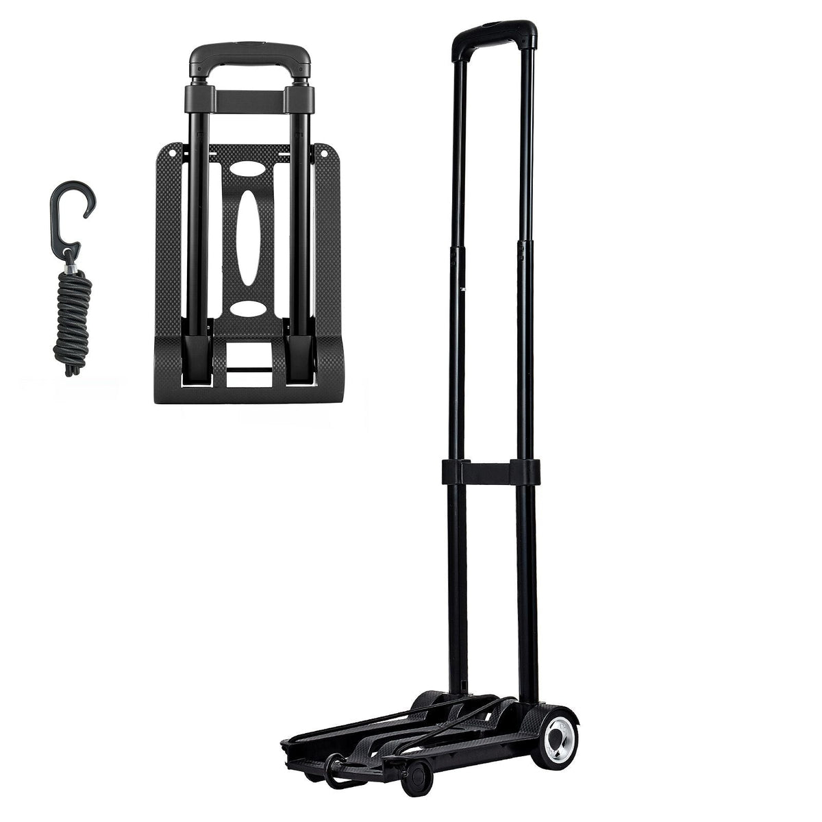 Folding Hand Truck, 110 lbs Load Capacity, Collapsible Luggage Cart with 2 Wheels & 1 Elastic Rope, Utility Dolly Platform Cart for Airport Travel Furniture Luggage Office Moving, Black