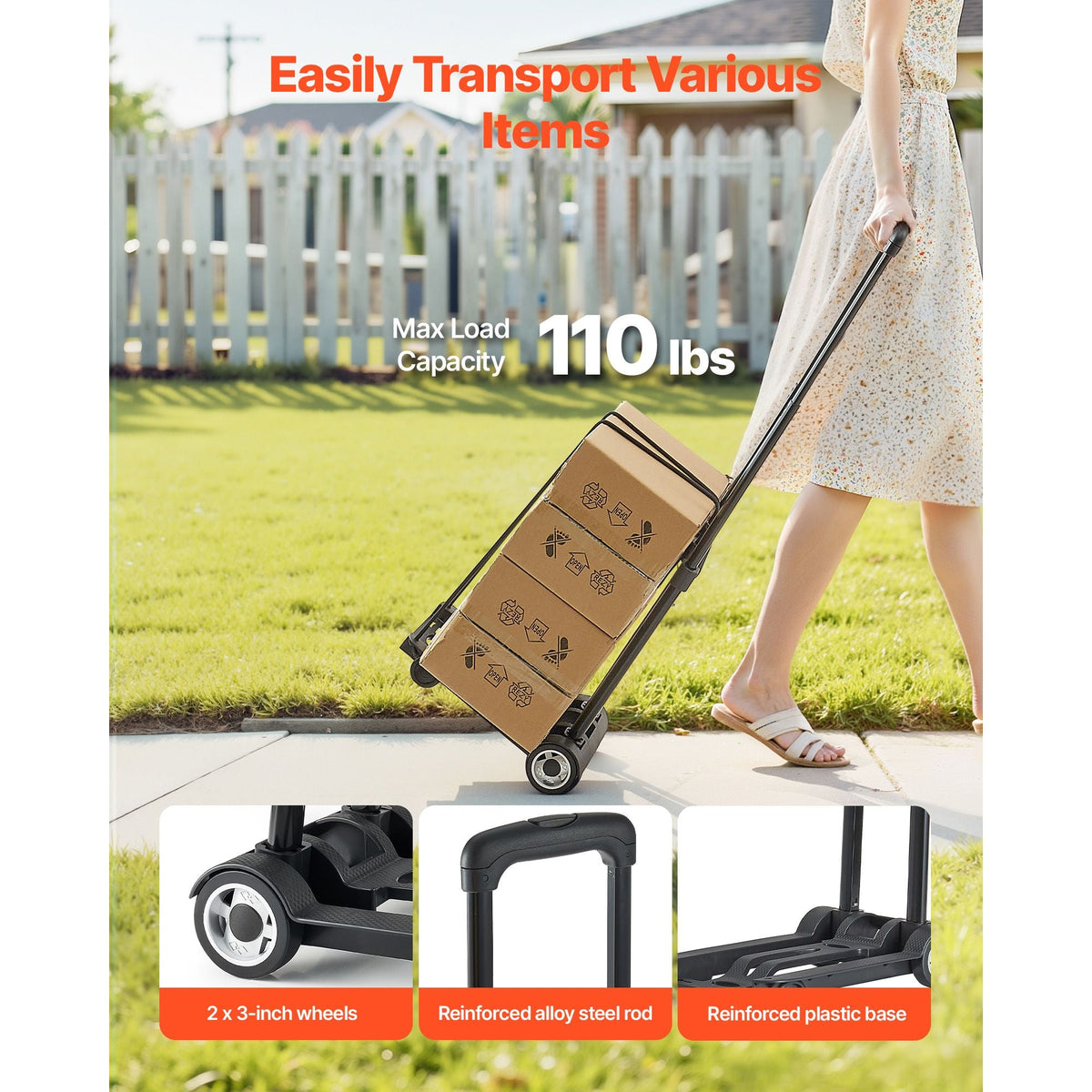 Folding Hand Truck, 110 lbs Load Capacity, Collapsible Luggage Cart with 2 Wheels & 1 Elastic Rope, Utility Dolly Platform Cart for Airport Travel Furniture Luggage Office Moving, Black