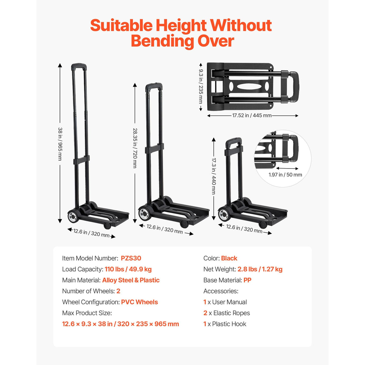 Folding Hand Truck, 110 lbs Load Capacity, Collapsible Luggage Cart with 2 Wheels & 1 Elastic Rope, Utility Dolly Platform Cart for Airport Travel Furniture Luggage Office Moving, Black