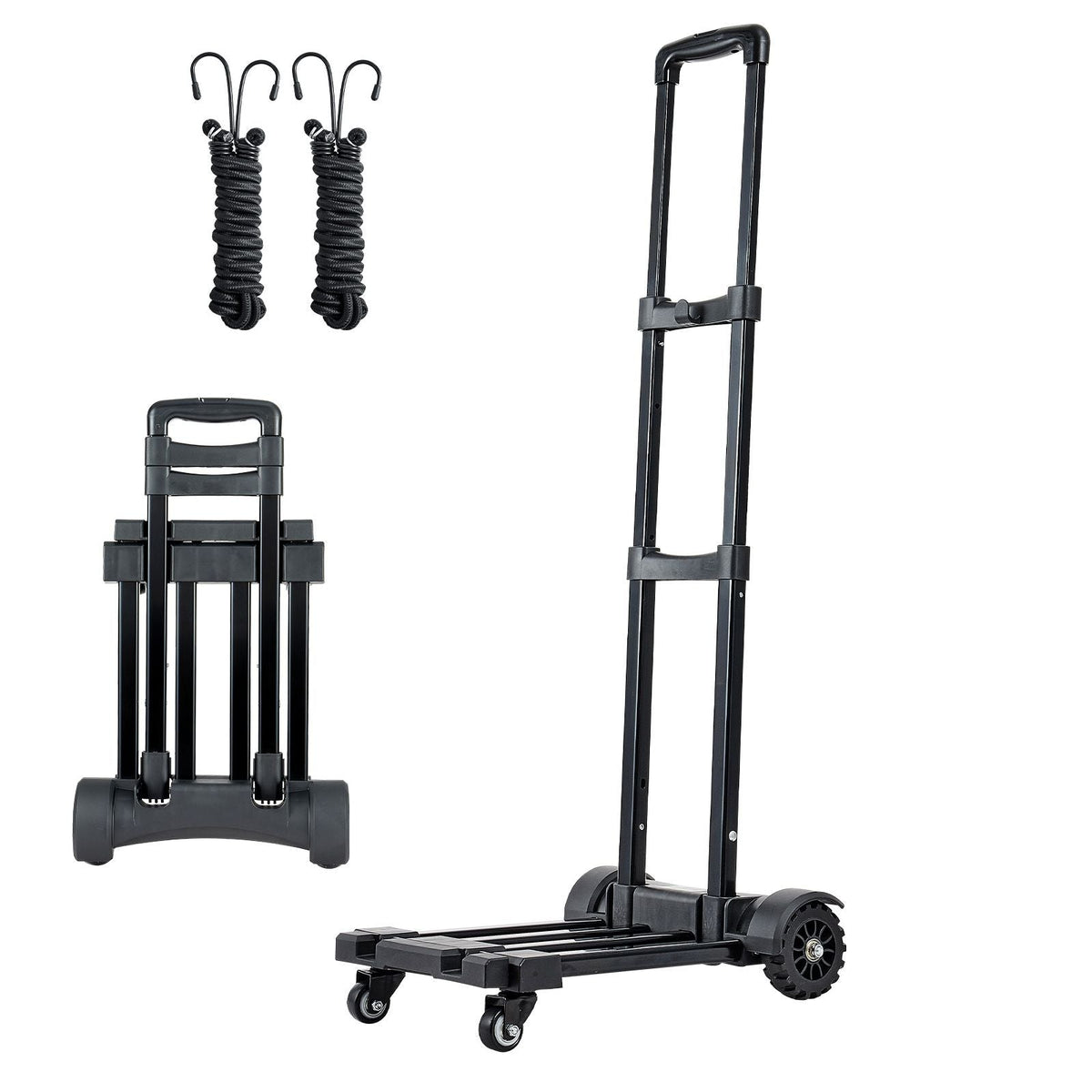 Folding Hand Truck, 290 lbs Load Capacity, Collapsible Luggage Cart with 4 Wheels, 2 Elastic Ropes & Expandable Base, Utility Dolly Platform Cart for Airport Travel Luggage Office Moving, Black