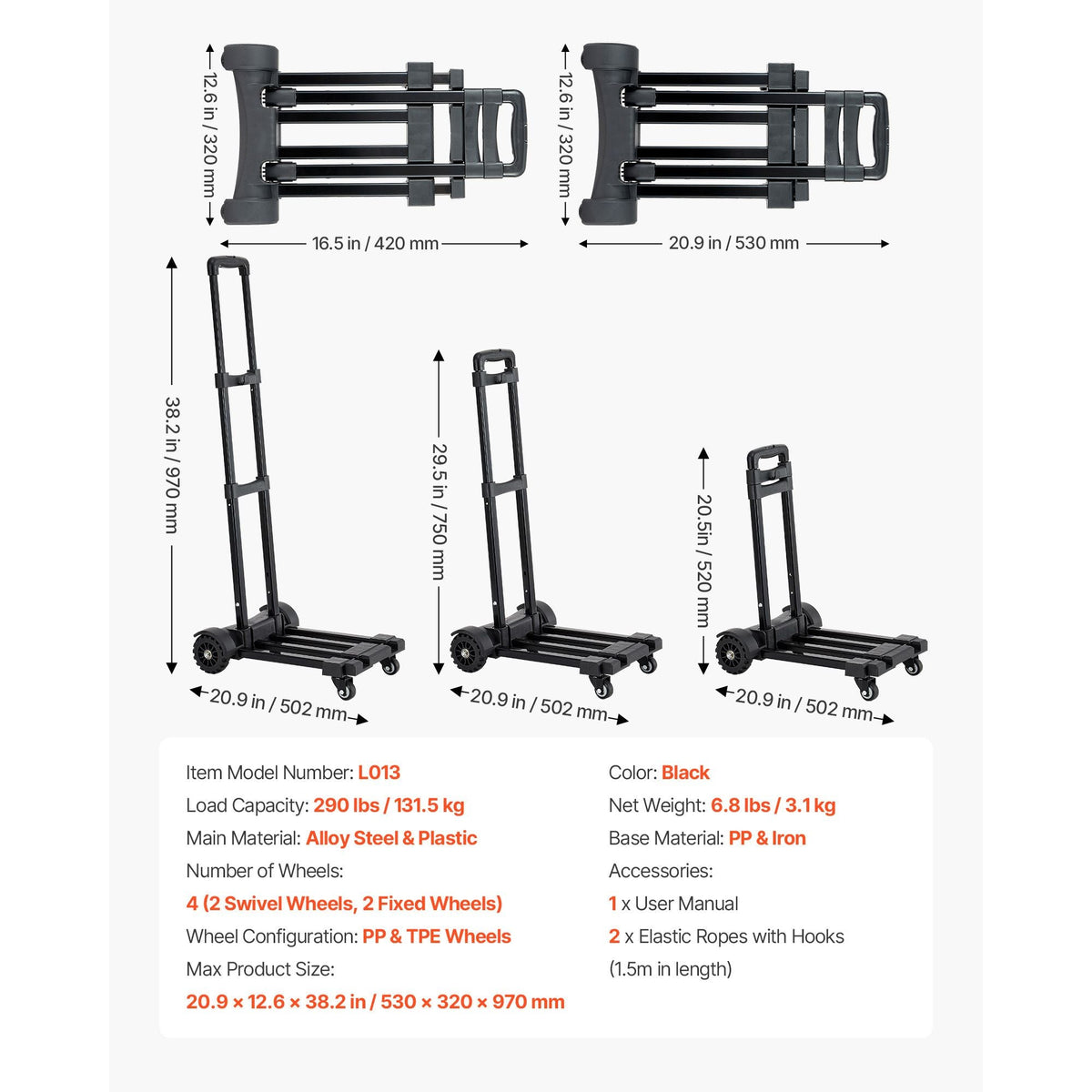 Folding Hand Truck, 290 lbs Load Capacity, Collapsible Luggage Cart with 4 Wheels, 2 Elastic Ropes & Expandable Base, Utility Dolly Platform Cart for Airport Travel Luggage Office Moving, Black