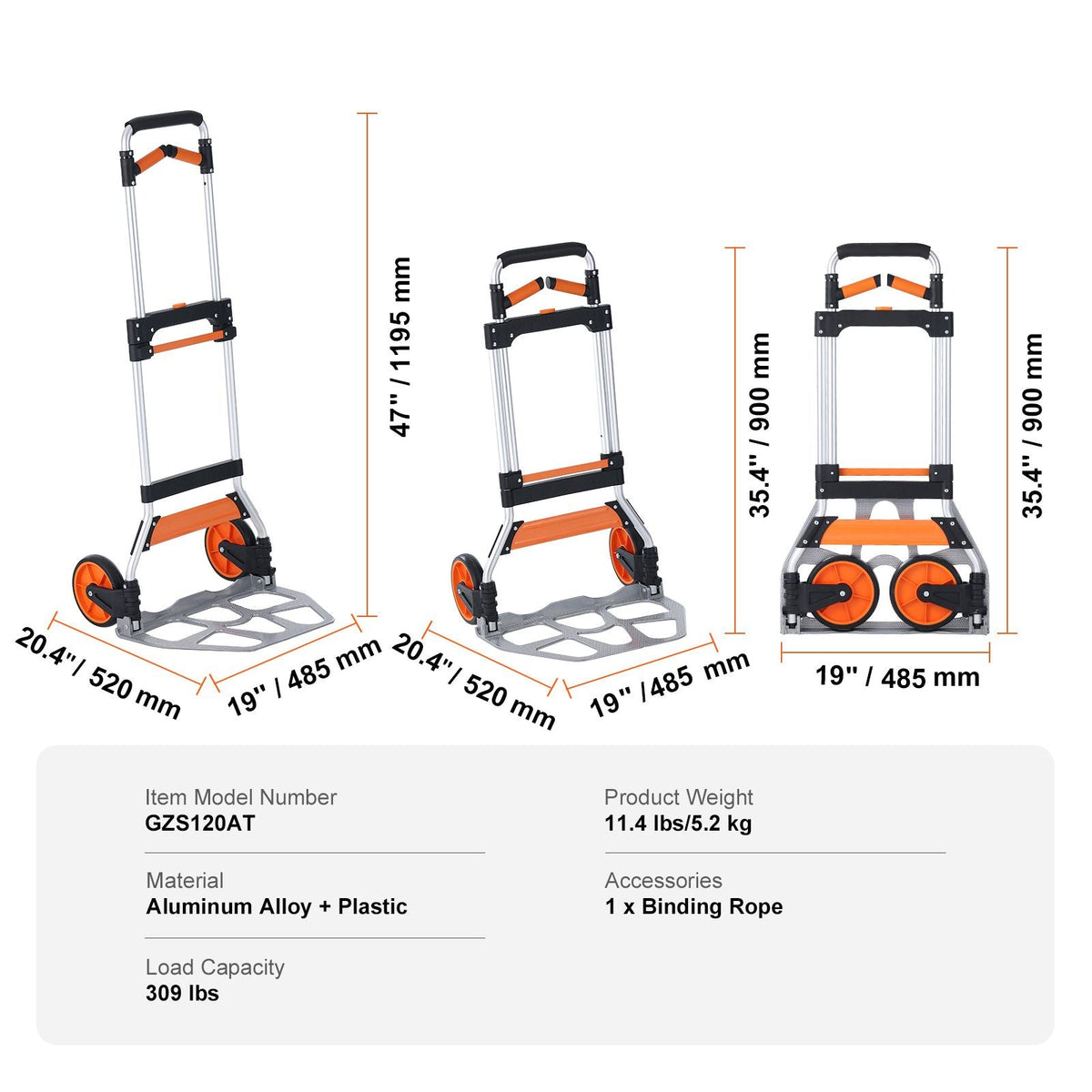 Folding Hand Truck, 309 lbs Load Capacity, Aluminum Portable Cart, Convertible Hand Truck and Dolly with Telescoping Handle and PP+TPR Wheels, Ultra Lightweight Super Strong for Moving Warehouse