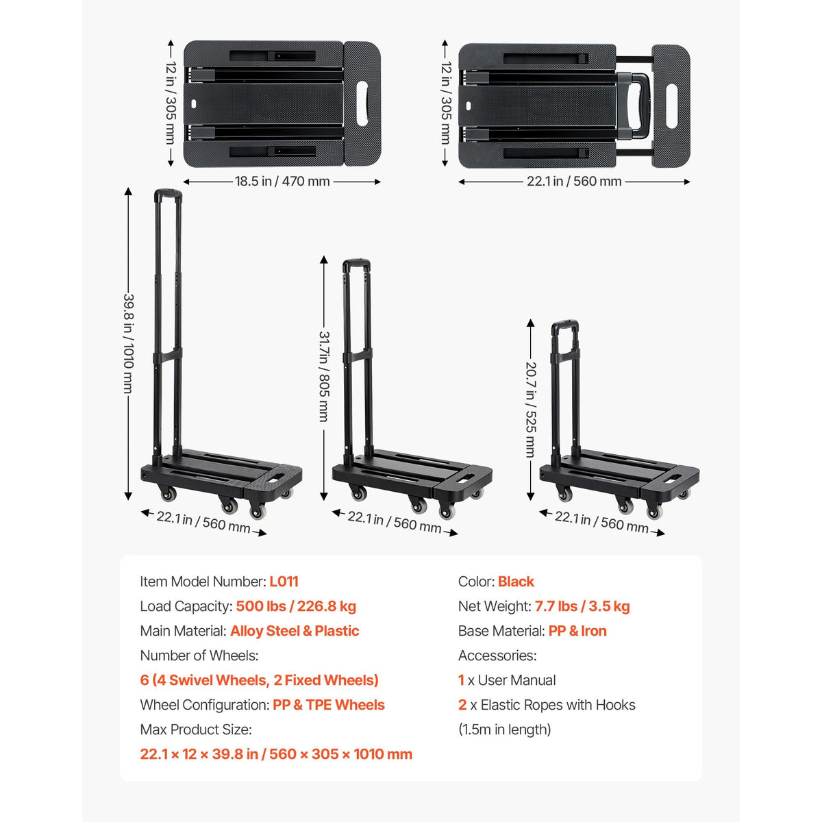 Folding Hand Truck, 500 lbs Load Capacity, Collapsible Luggage Cart with 6 Wheels, 2 Elastic Ropes & Expandable Base, Utility Dolly Platform Cart for Airport Travel Luggage Office Moving, Black