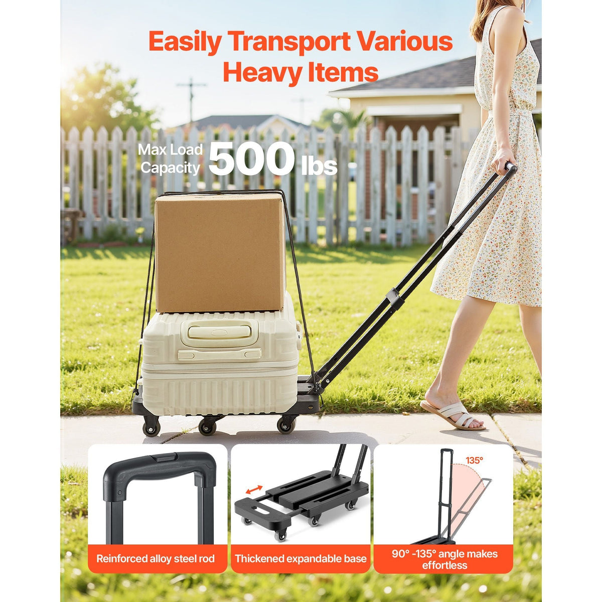 Folding Hand Truck, 500 lbs Load Capacity, Collapsible Luggage Cart with 6 Wheels, 2 Elastic Ropes & Expandable Base, Utility Dolly Platform Cart for Airport Travel Luggage Office Moving, Black