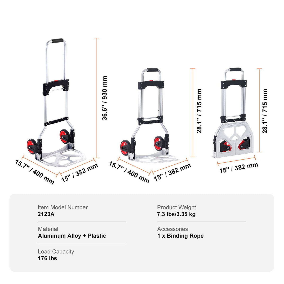 Folding Hand Truck and Dolly, 176 lbs Capacity, Aluminum Foldable Cart, Heavy-Duty Luggage Trolley Cart with Telescoping Handle and PP+TPR Wheels for Home, Office, Shopping, Travel