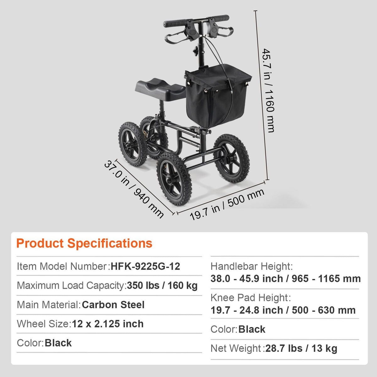 Folding Knee Scooter, Carbon Steel Steerable Knee Walker with Height-Adjustable Handlebar & Knee Pad, 12" All-Terrain Wheel, Dual Brakes, Leg Recovery Scooter for Injured Ankle Foot Knee, 350LBS