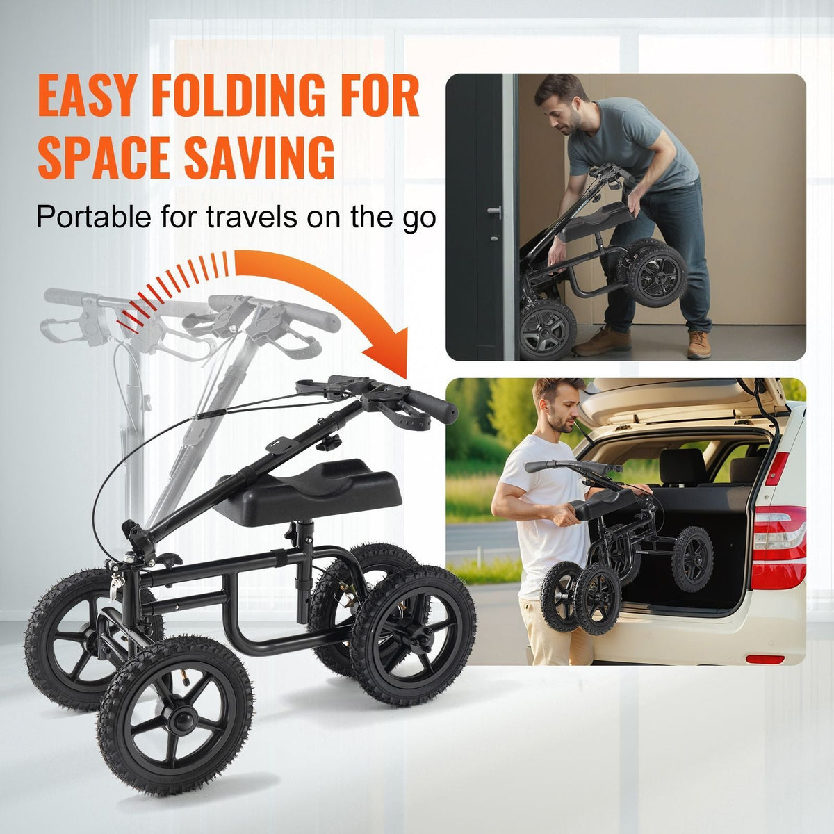 Folding Knee Scooter, Carbon Steel Steerable Knee Walker with Height-Adjustable Handlebar & Knee Pad, 12" All-Terrain Wheel, Dual Brakes, Leg Recovery Scooter for Injured Ankle Foot Knee, 350LBS