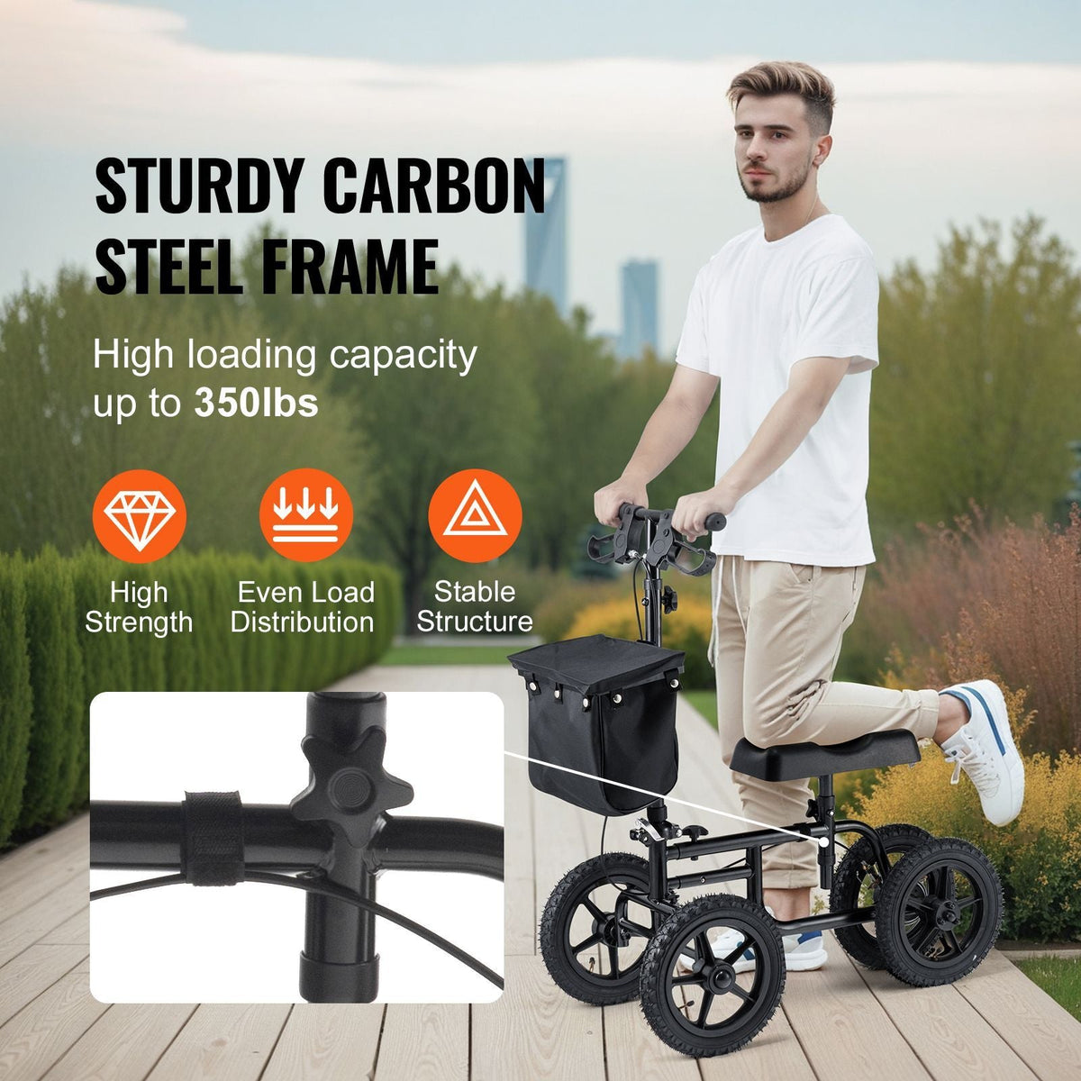 Folding Knee Scooter, Carbon Steel Steerable Knee Walker with Height-Adjustable Handlebar & Knee Pad, 12" All-Terrain Wheel, Dual Brakes, Leg Recovery Scooter for Injured Ankle Foot Knee, 350LBS