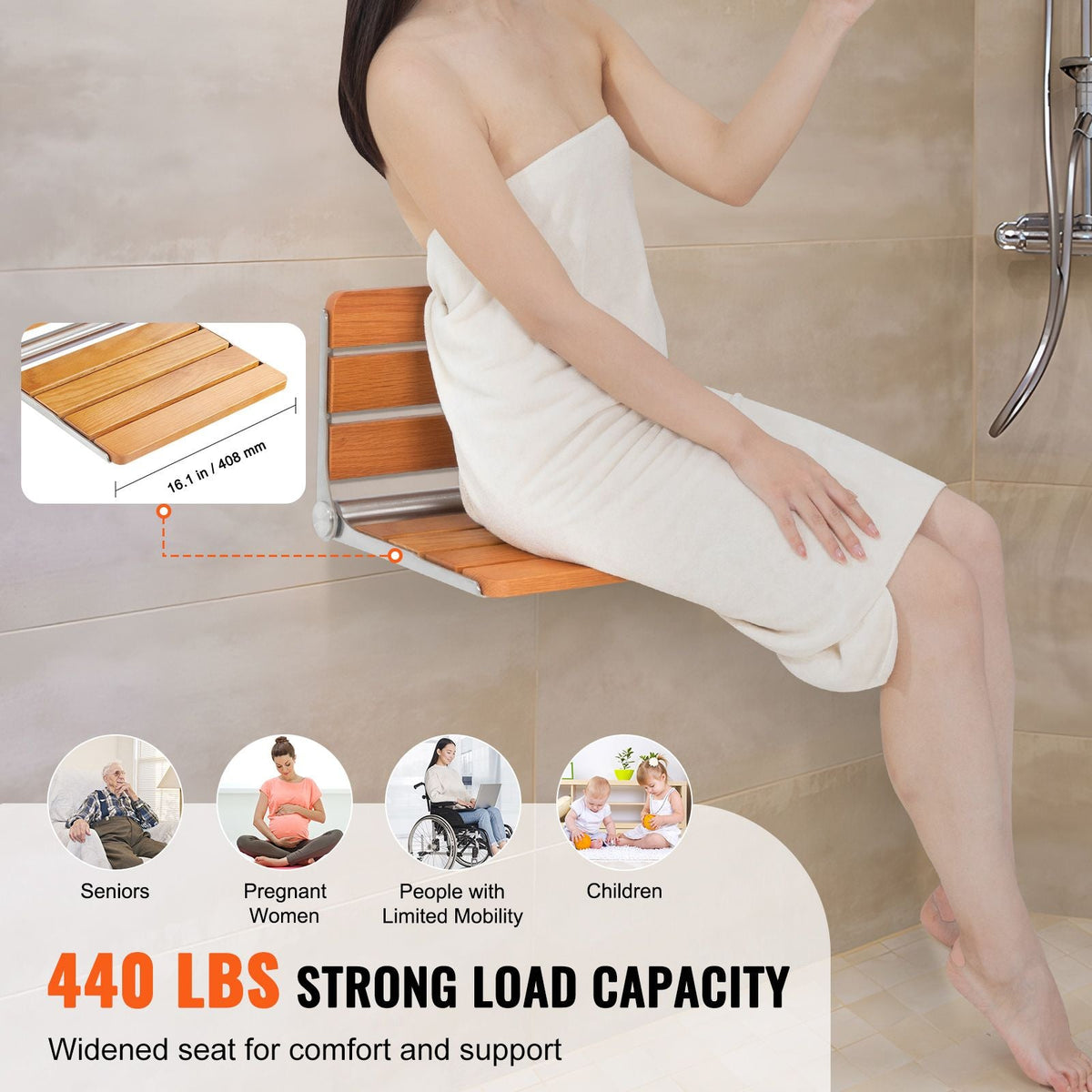 Folding Oak Shower Seat, 16.1" x 13.4" Unfolded, Wall Mounted Fold Up Shower Bench with 440 lbs Load Capacity, Space Saving Home Care Fold Down Shower Chair, for Seniors Pregnant Women Children