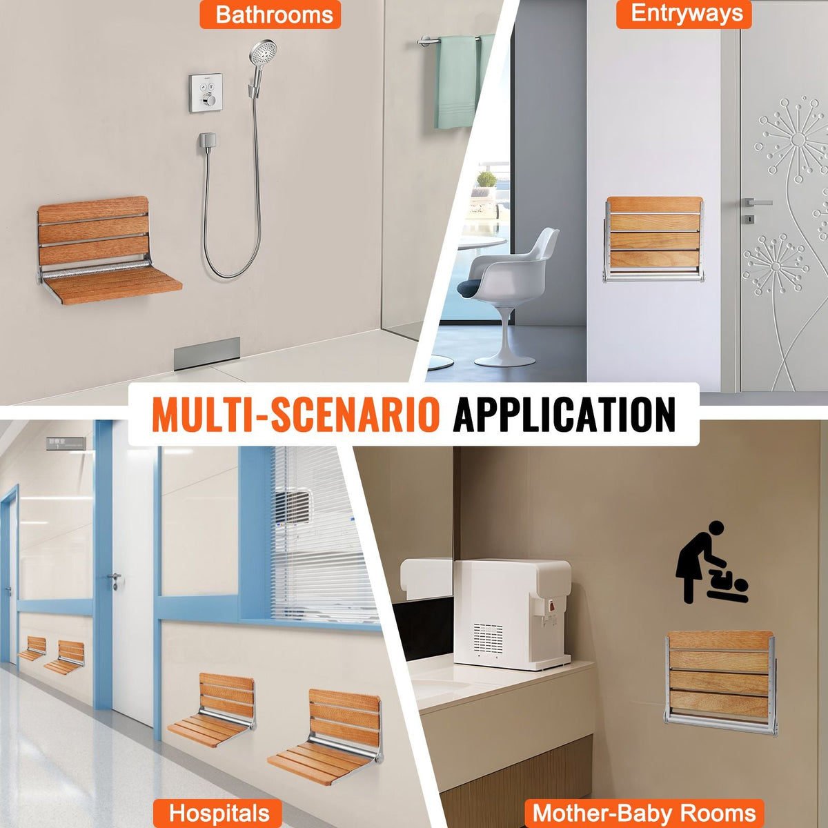 Folding Oak Shower Seat, 16.1" x 13.4" Unfolded, Wall Mounted Fold Up Shower Bench with 440 lbs Load Capacity, Space Saving Home Care Fold Down Shower Chair, for Seniors Pregnant Women Children