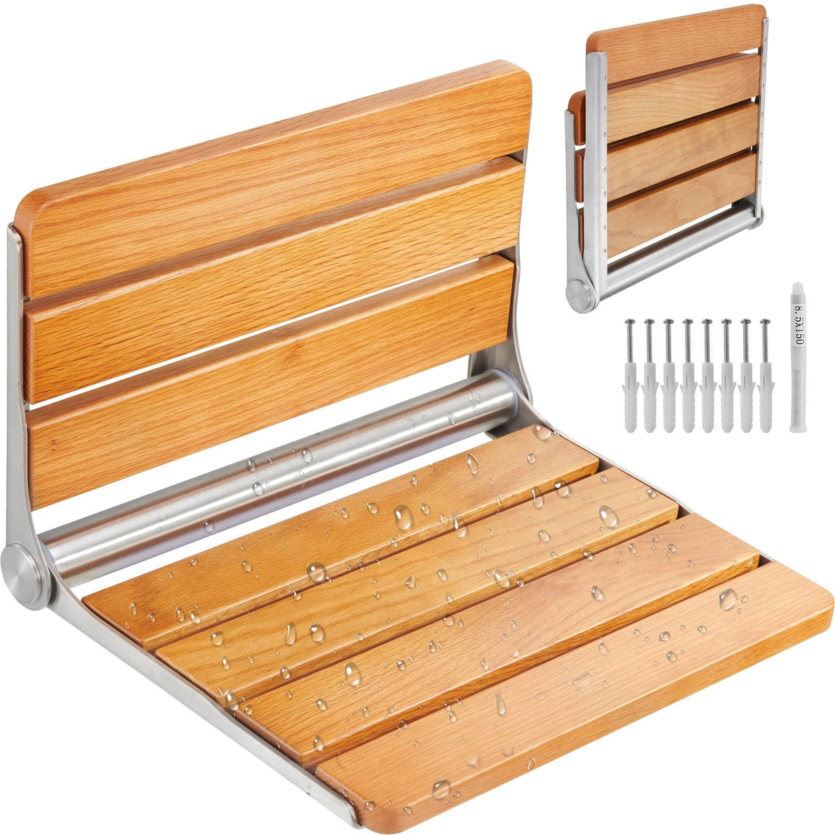 Folding Oak Shower Seat, 16.1" x 13.4" Unfolded, Wall Mounted Fold Up Shower Bench with 440 lbs Load Capacity, Space Saving Home Care Fold Down Shower Chair, for Seniors Pregnant Women Children