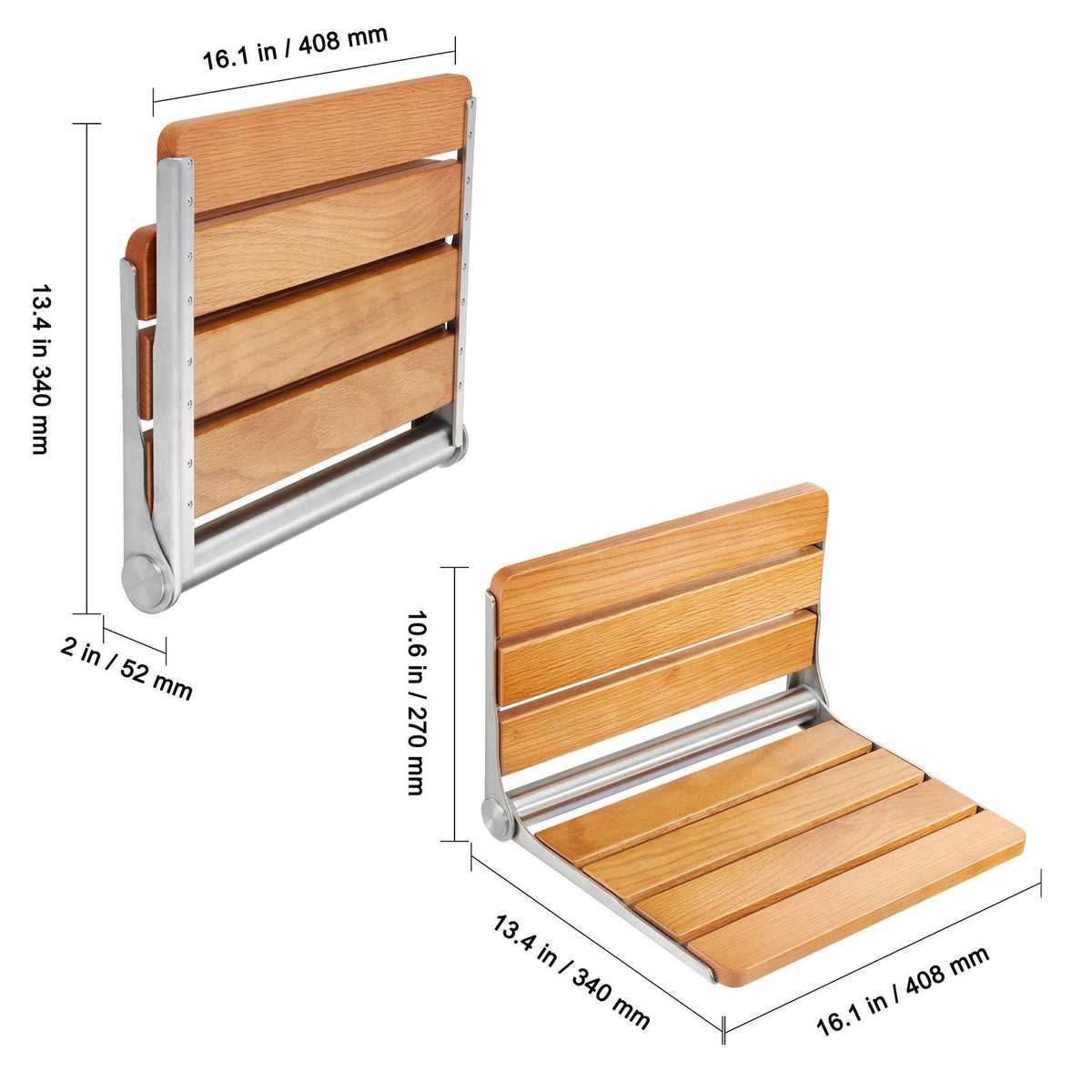 Folding Oak Shower Seat, 16.1" x 13.4" Unfolded, Wall Mounted Fold Up Shower Bench with 440 lbs Load Capacity, Space Saving Home Care Fold Down Shower Chair, for Seniors Pregnant Women Children