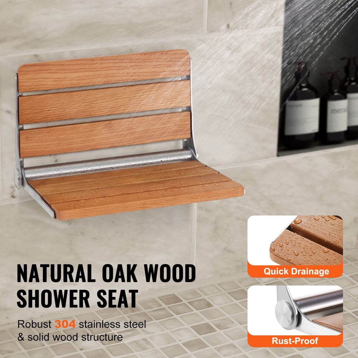 Folding Oak Shower Seat, 16.1" x 13.4" Unfolded, Wall Mounted Fold Up Shower Bench with 440 lbs Load Capacity, Space Saving Home Care Fold Down Shower Chair, for Seniors Pregnant Women Children