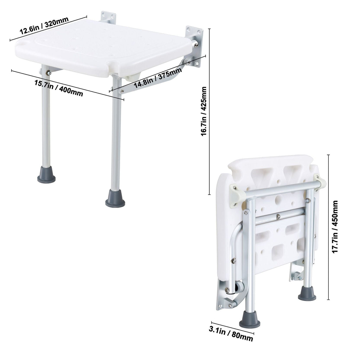 Folding PE Shower Seat, 15.7'' x 14.8'' Unfolded, Wall Mounted Fold Up Shower Bench with 500 lbs Load Capacity, Space Saving Fold Down Shower Chair for Seniors Pregnant Women