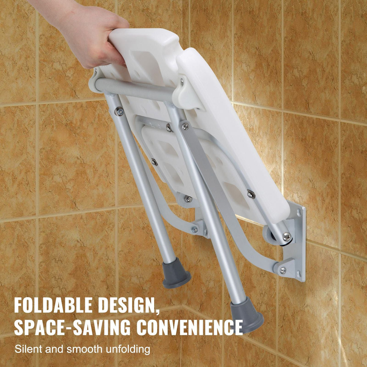 Folding PE Shower Seat, 15.7'' x 14.8'' Unfolded, Wall Mounted Fold Up Shower Bench with 500 lbs Load Capacity, Space Saving Fold Down Shower Chair for Seniors Pregnant Women