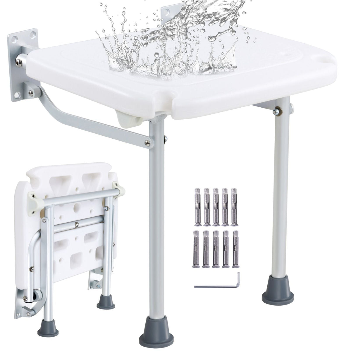 Folding PE Shower Seat, 15.7'' x 14.8'' Unfolded, Wall Mounted Fold Up Shower Bench with 500 lbs Load Capacity, Space Saving Fold Down Shower Chair for Seniors Pregnant Women
