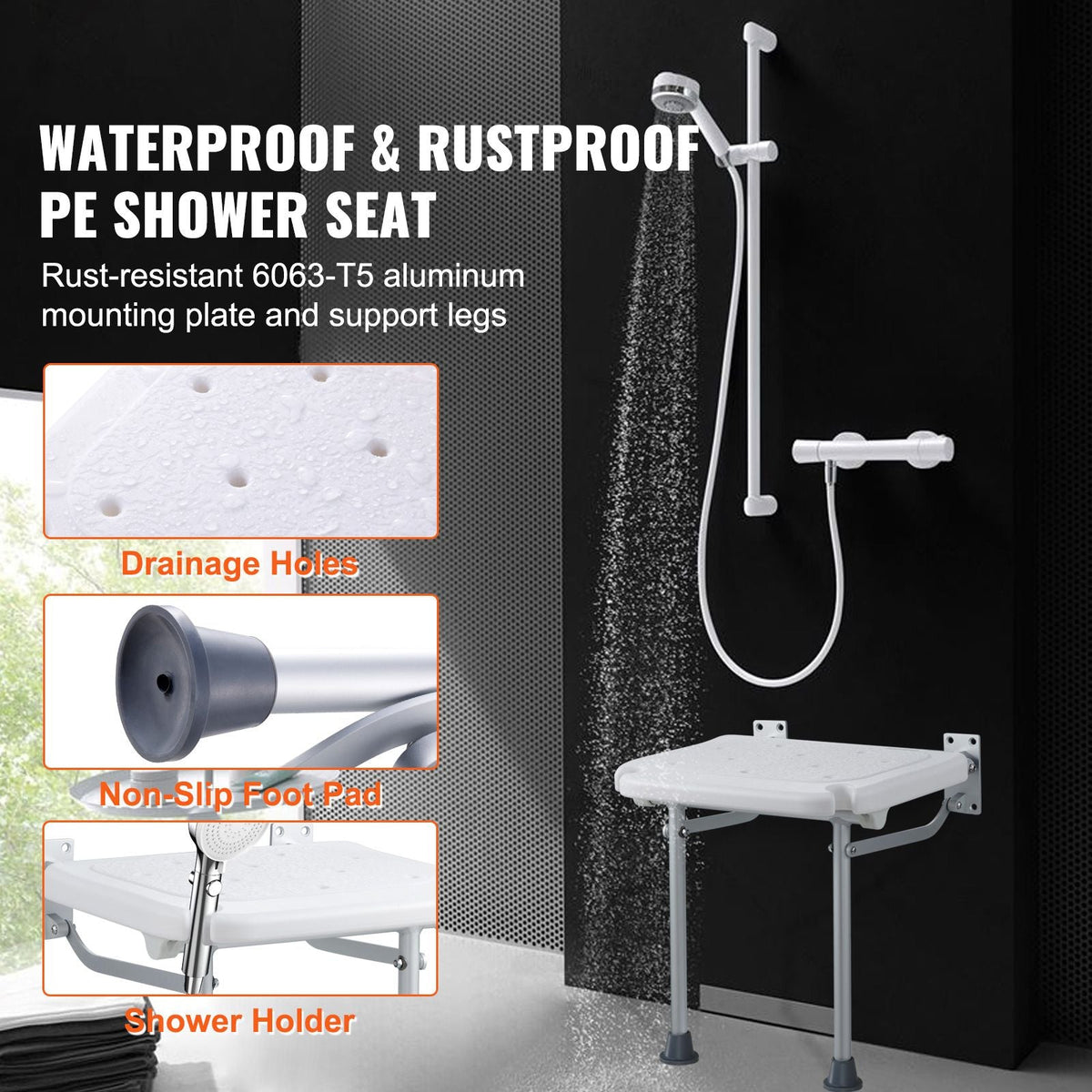 Folding PE Shower Seat, 15.7'' x 14.8'' Unfolded, Wall Mounted Fold Up Shower Bench with 500 lbs Load Capacity, Space Saving Fold Down Shower Chair for Seniors Pregnant Women