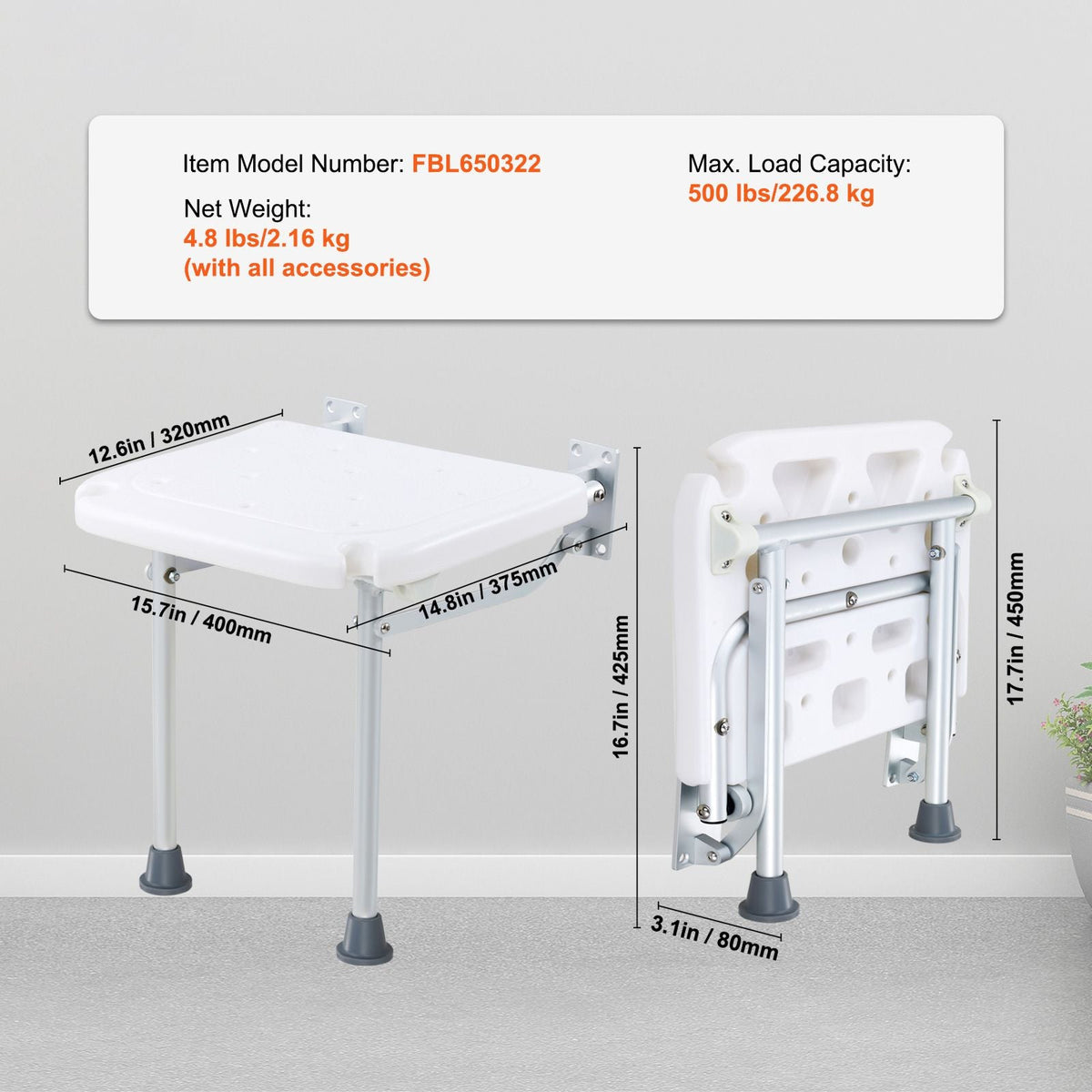 Folding PE Shower Seat, 15.7'' x 14.8'' Unfolded, Wall Mounted Fold Up Shower Bench with 500 lbs Load Capacity, Space Saving Fold Down Shower Chair for Seniors Pregnant Women