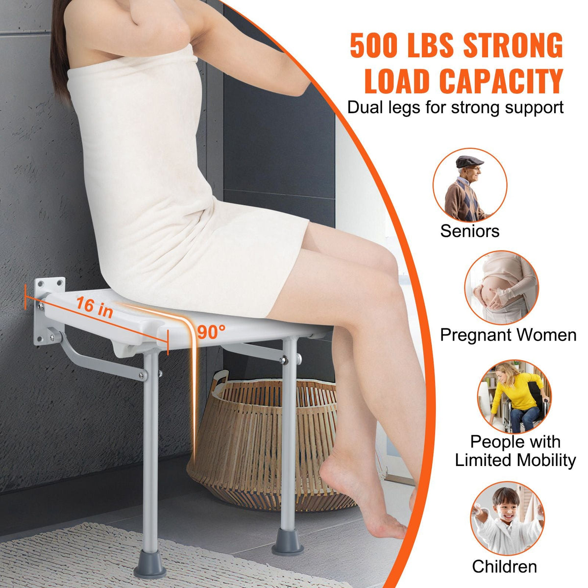 Folding PE Shower Seat, 15.7'' x 14.8'' Unfolded, Wall Mounted Fold Up Shower Bench with 500 lbs Load Capacity, Space Saving Fold Down Shower Chair for Seniors Pregnant Women