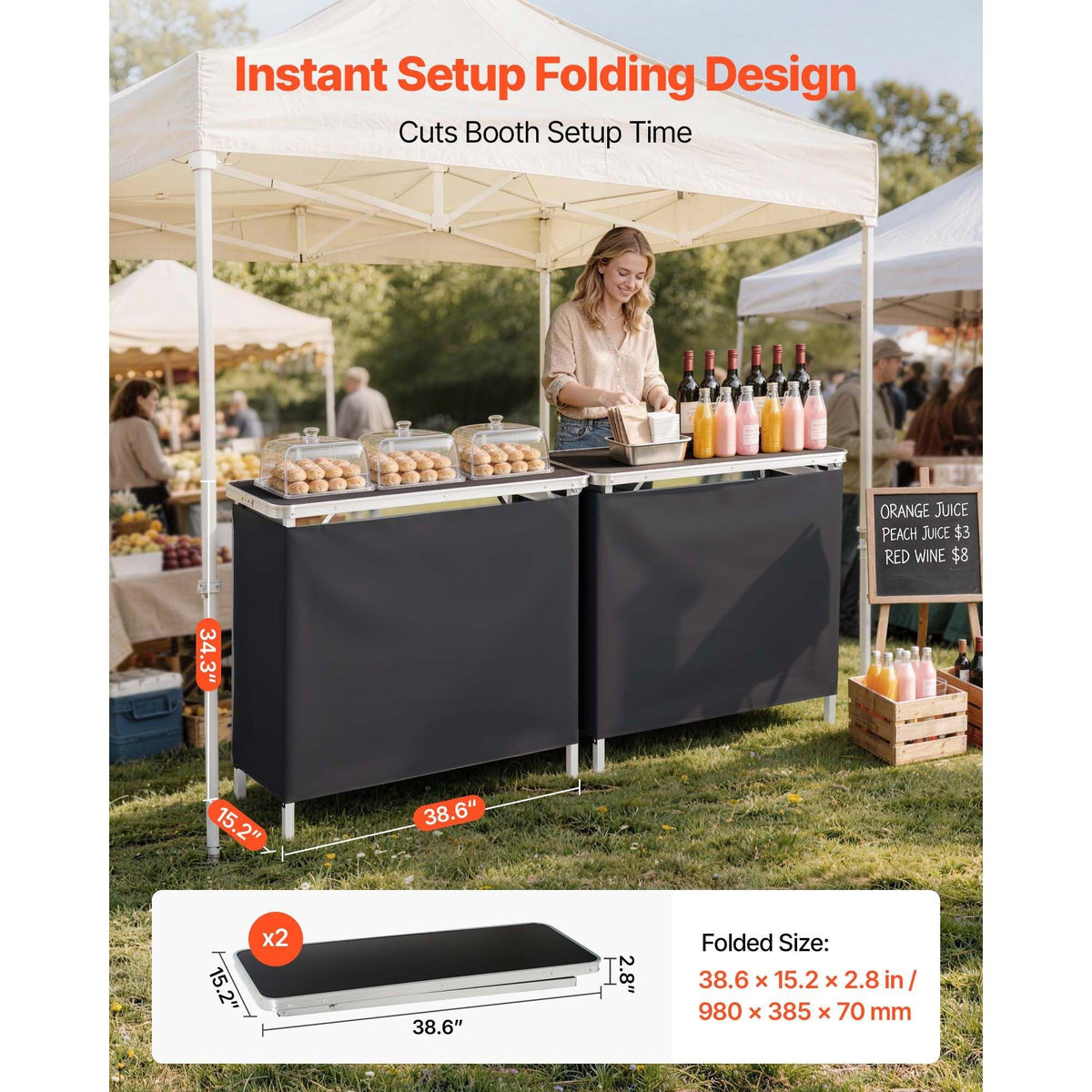 Folding Portable Bar Table, 2 pcs, 38.6 x 15.2 x 34.3 in, with Carry Bag, Storage Shelf, Detachable Skirt, Quick and Easy Setup, Foldable Mobile Bartending Station for Events, Party, Tradeshow