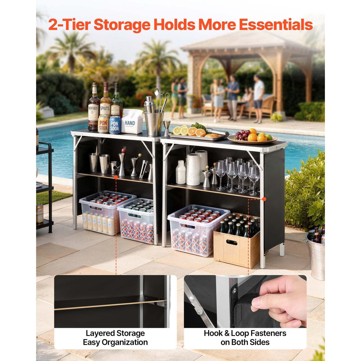 Folding Portable Bar Table, 2 pcs, 38.6 x 15.2 x 34.3 in, with Carry Bag, Storage Shelf, Detachable Skirt, Quick and Easy Setup, Foldable Mobile Bartending Station for Events, Party, Tradeshow