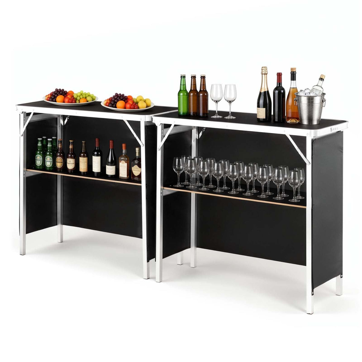 Folding Portable Bar Table, 2 pcs, 38.6 x 15.2 x 34.3 in, with Carry Bag, Storage Shelf, Detachable Skirt, Quick and Easy Setup, Foldable Mobile Bartending Station for Events, Party, Tradeshow