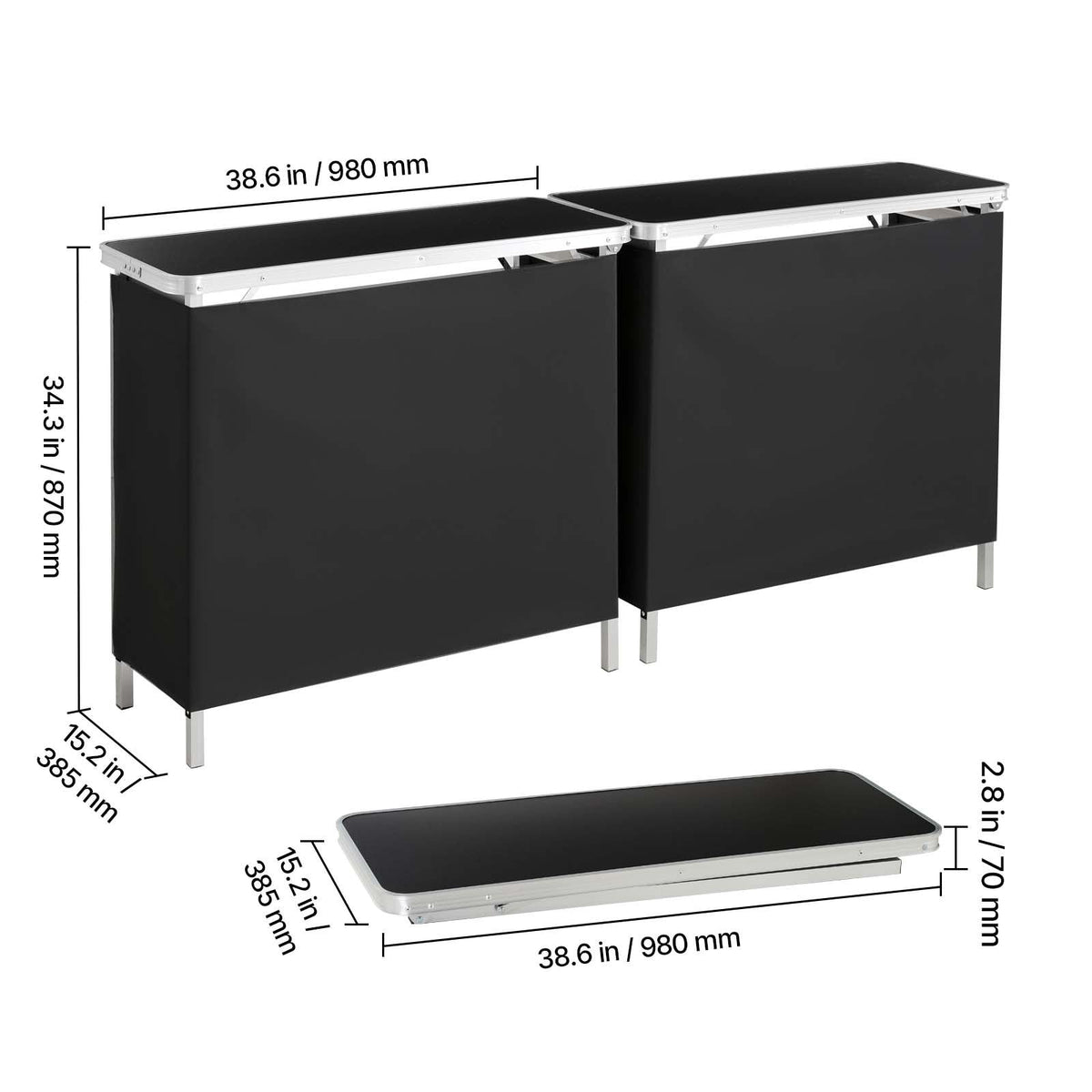 Folding Portable Bar Table, 2 pcs, 38.6 x 15.2 x 34.3 in, with Carry Bag, Storage Shelf, Detachable Skirt, Quick and Easy Setup, Foldable Mobile Bartending Station for Events, Party, Tradeshow