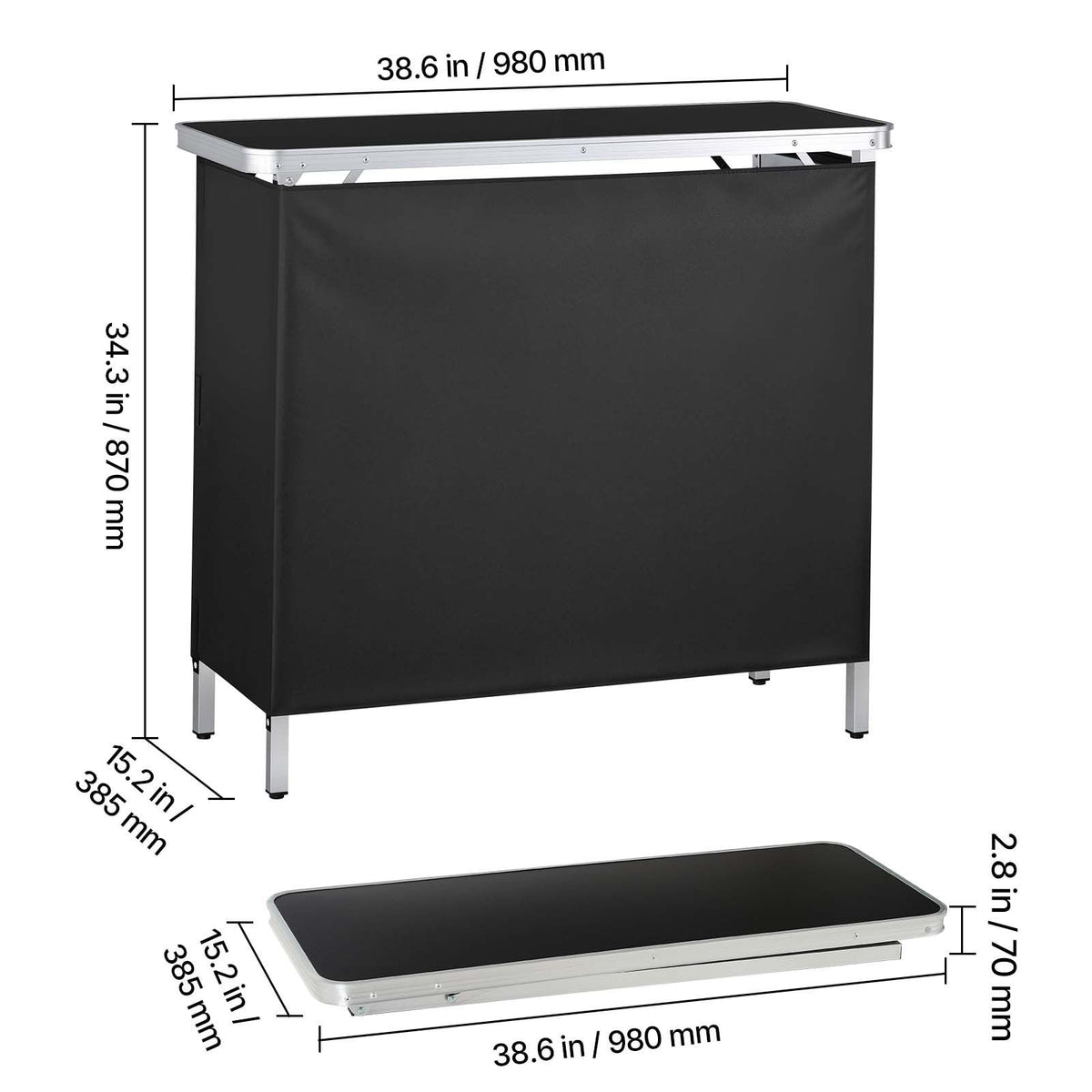 Folding Portable Bar Table, 38.6 x 15.2 x 34.3 in, with Carry Bag, Storage Shelf, and Detachable Skirt, Quick and Easy Setup, Foldable Mobile Bartending Station for Events, Party, Tradeshow