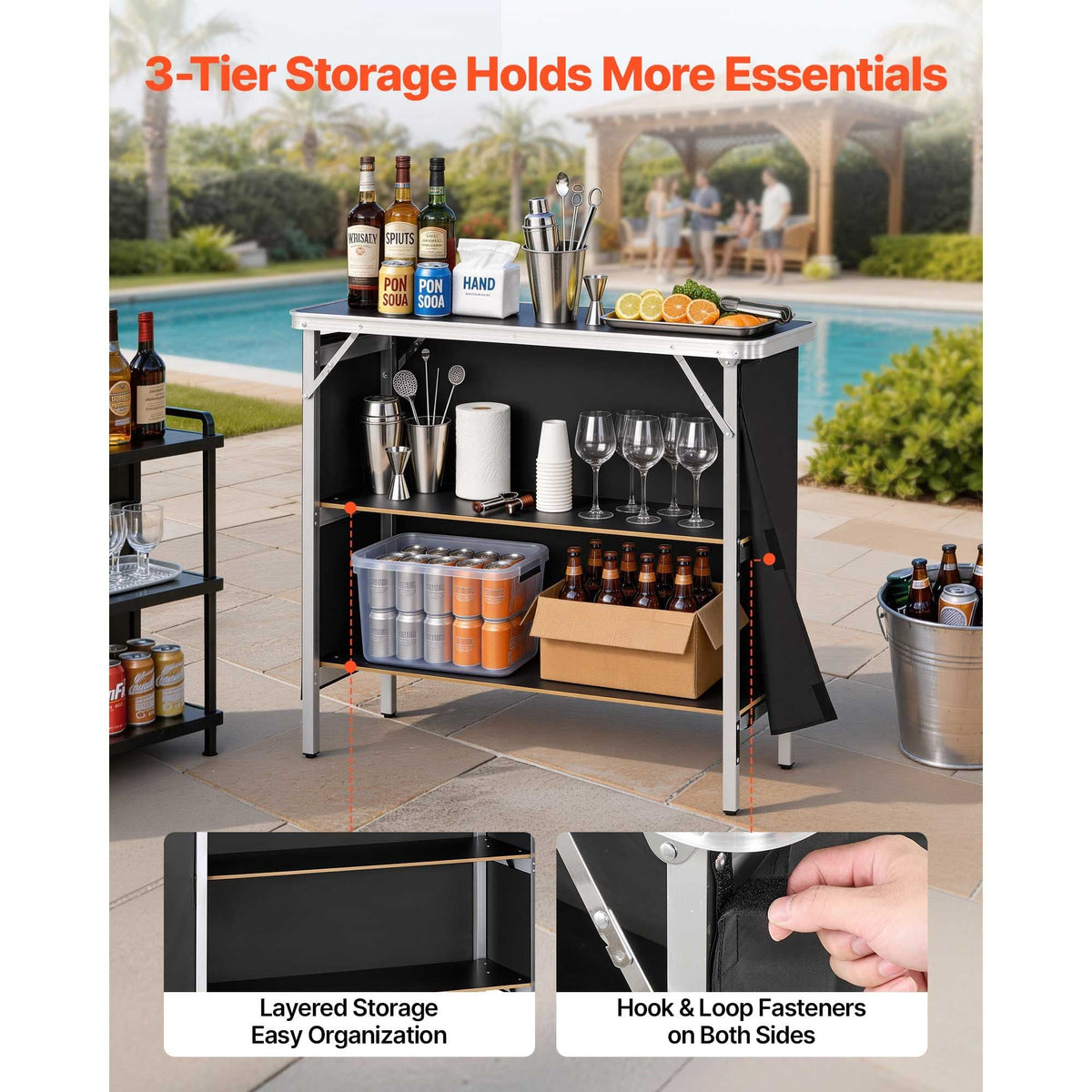 Folding Portable Bar Table, 38.6 x 15.2 x 34.3 in, with Carry Bag, Storage Shelf, and Detachable Skirt, Quick and Easy Setup, Foldable Mobile Bartending Station for Events, Party, Tradeshow
