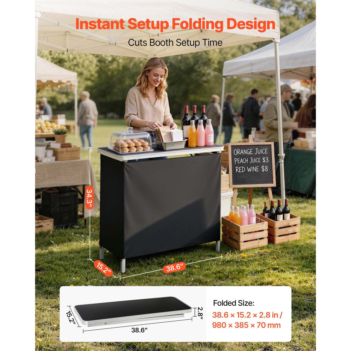 Folding Portable Bar Table, 38.6 x 15.2 x 34.3 in, with Carry Bag, Storage Shelf, and Detachable Skirt, Quick and Easy Setup, Foldable Mobile Bartending Station for Events, Party, Tradeshow