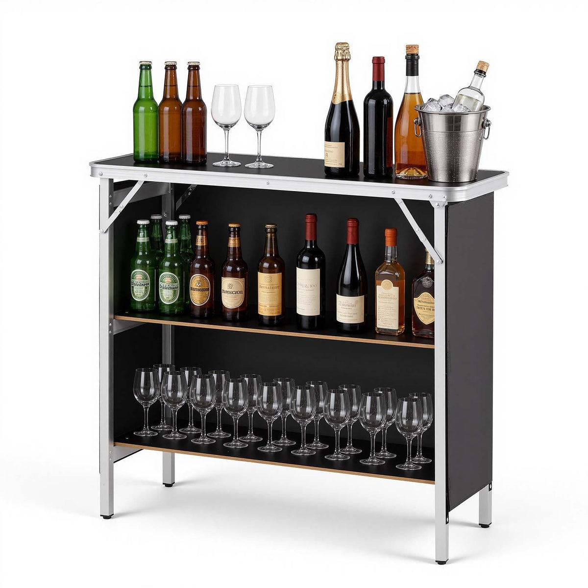 Folding Portable Bar Table, 38.6 x 15.2 x 34.3 in, with Carry Bag, Storage Shelf, and Detachable Skirt, Quick and Easy Setup, Foldable Mobile Bartending Station for Events, Party, Tradeshow