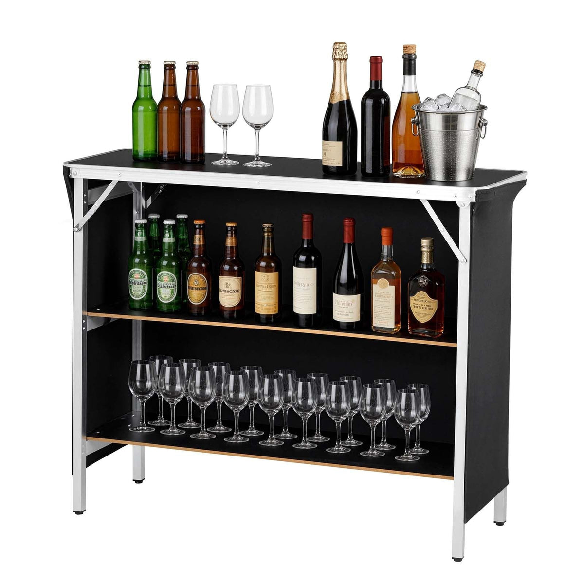 Folding Portable Bar Table, 43.3 x 15.2 x 34.8 in, with Carry Bag, 2 Storage Shelves, and Detachable Skirt, Quick and Easy Setup, Foldable Mobile Bartending Station for Events, Party, Tradeshow