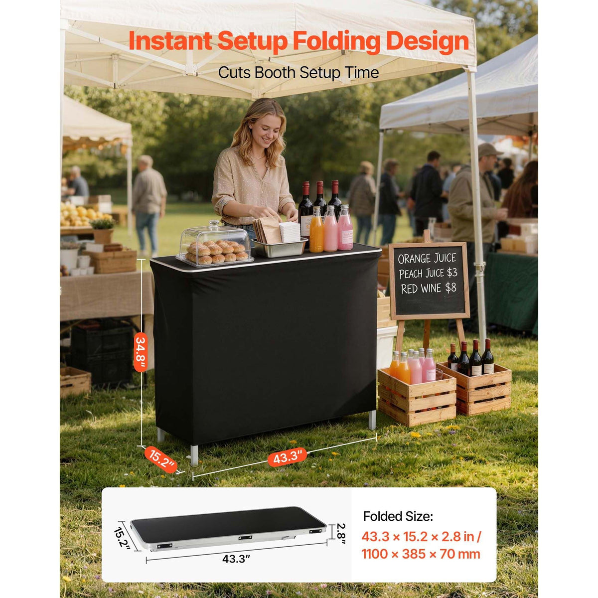 Folding Portable Bar Table, 43.3 x 15.2 x 34.8 in, with Carry Bag, 2 Storage Shelves, and Detachable Skirt, Quick and Easy Setup, Foldable Mobile Bartending Station for Events, Party, Tradeshow