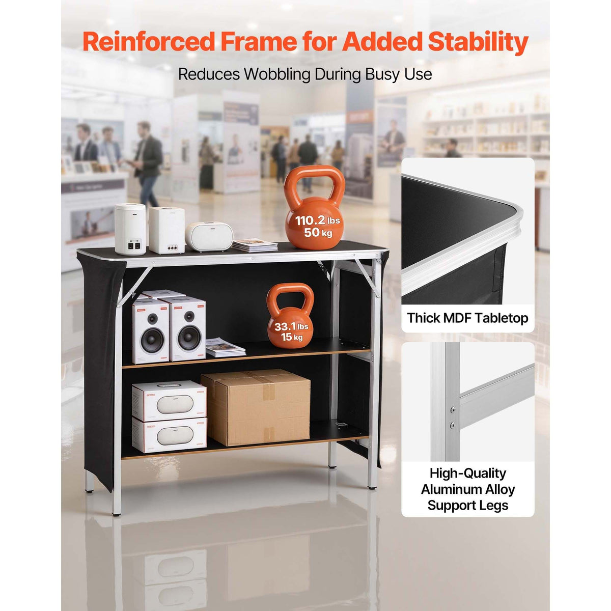 Folding Portable Bar Table, 43.3 x 15.2 x 34.8 in, with Carry Bag, 2 Storage Shelves, and Detachable Skirt, Quick and Easy Setup, Foldable Mobile Bartending Station for Events, Party, Tradeshow