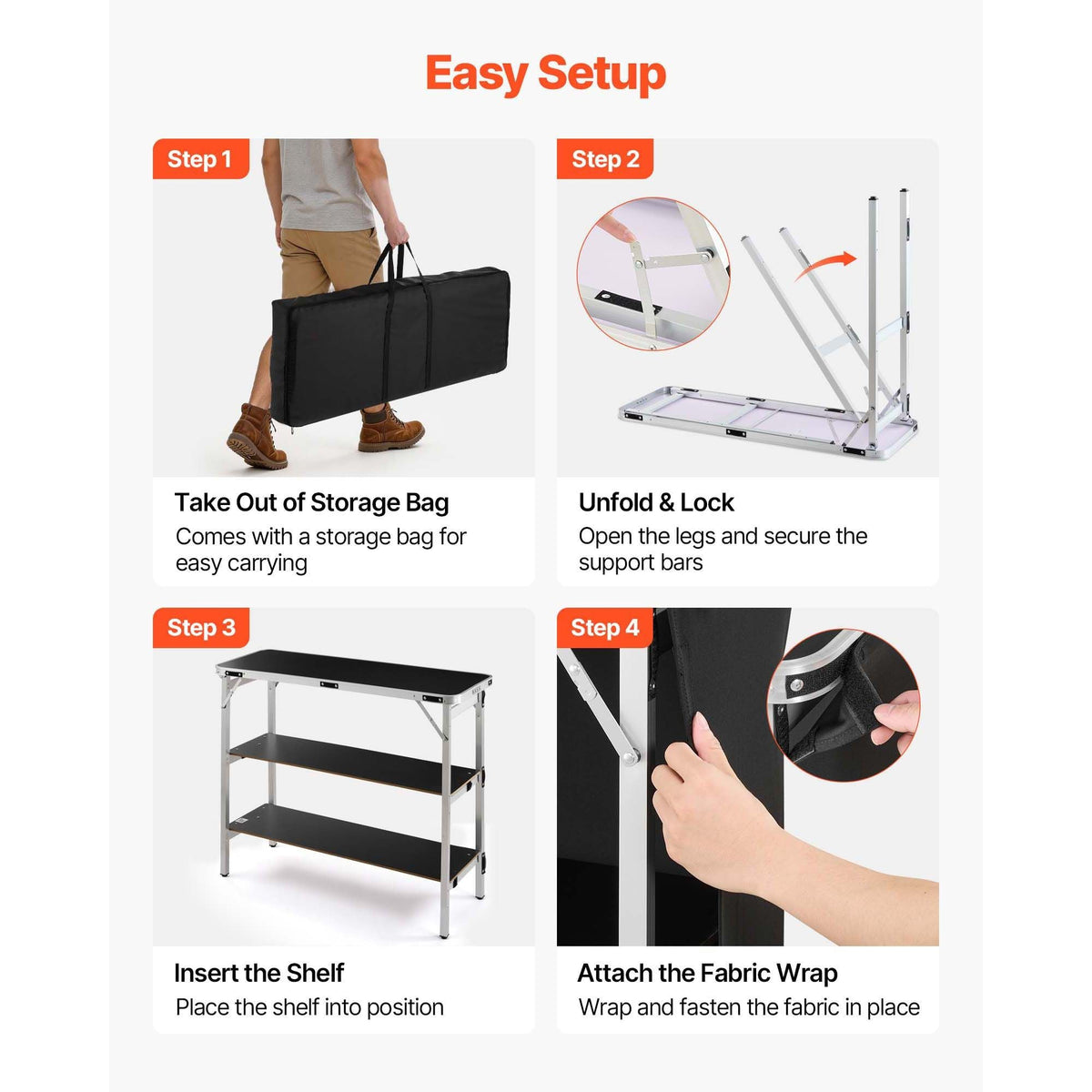 Folding Portable Bar Table, 43.3 x 15.2 x 34.8 in, with Carry Bag, 2 Storage Shelves, and Detachable Skirt, Quick and Easy Setup, Foldable Mobile Bartending Station for Events, Party, Tradeshow