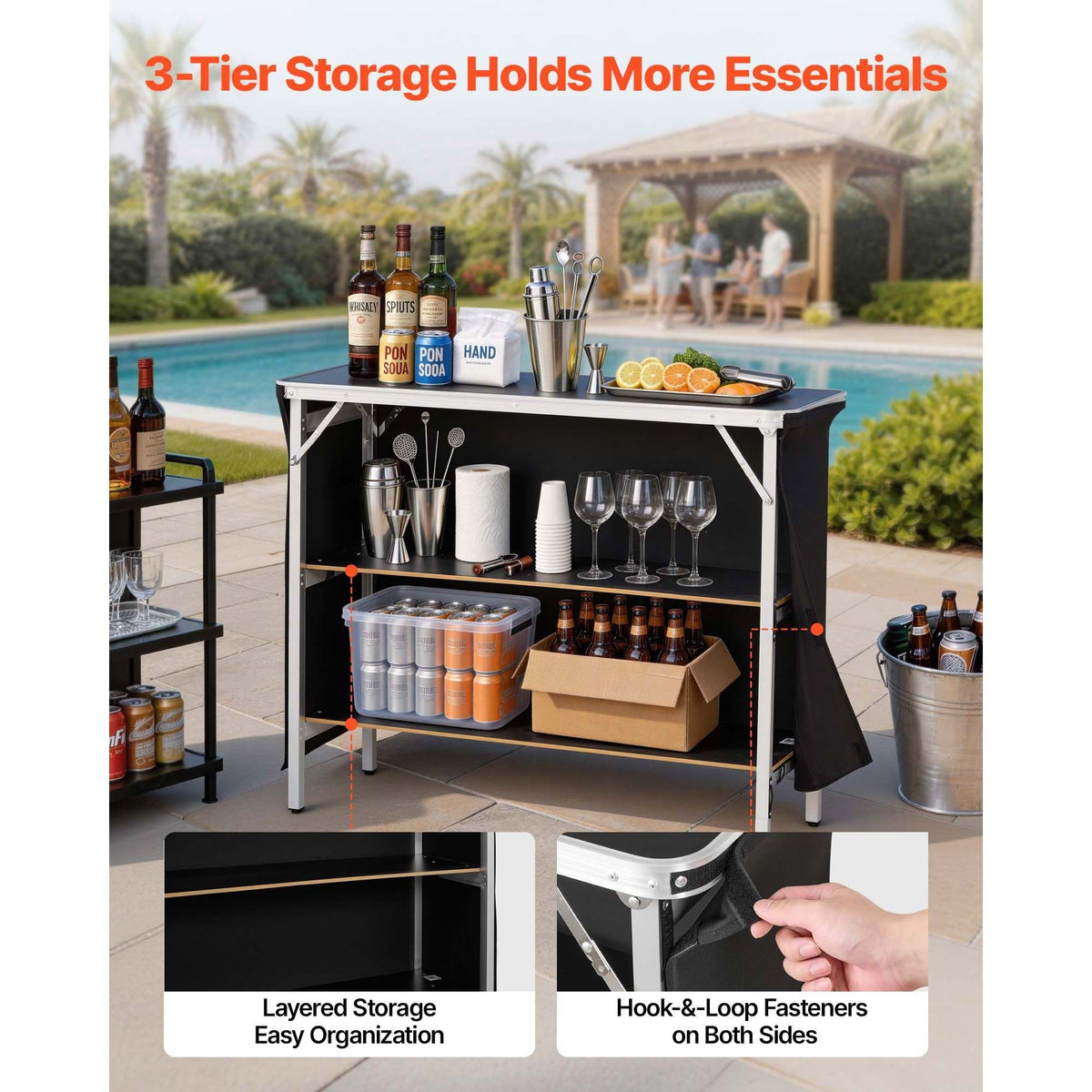Folding Portable Bar Table, 43.3 x 15.2 x 34.8 in, with Carry Bag, 2 Storage Shelves, and Detachable Skirt, Quick and Easy Setup, Foldable Mobile Bartending Station for Events, Party, Tradeshow