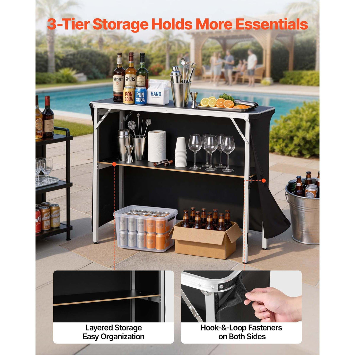 Folding Portable Bar Table, 43.3 x 15.2 x 34.8 in, with Carry Bag, Storage Shelf, and Detachable Skirt, Quick and Easy Setup, Foldable Mobile Bartending Station for Events, Party, Tradeshow