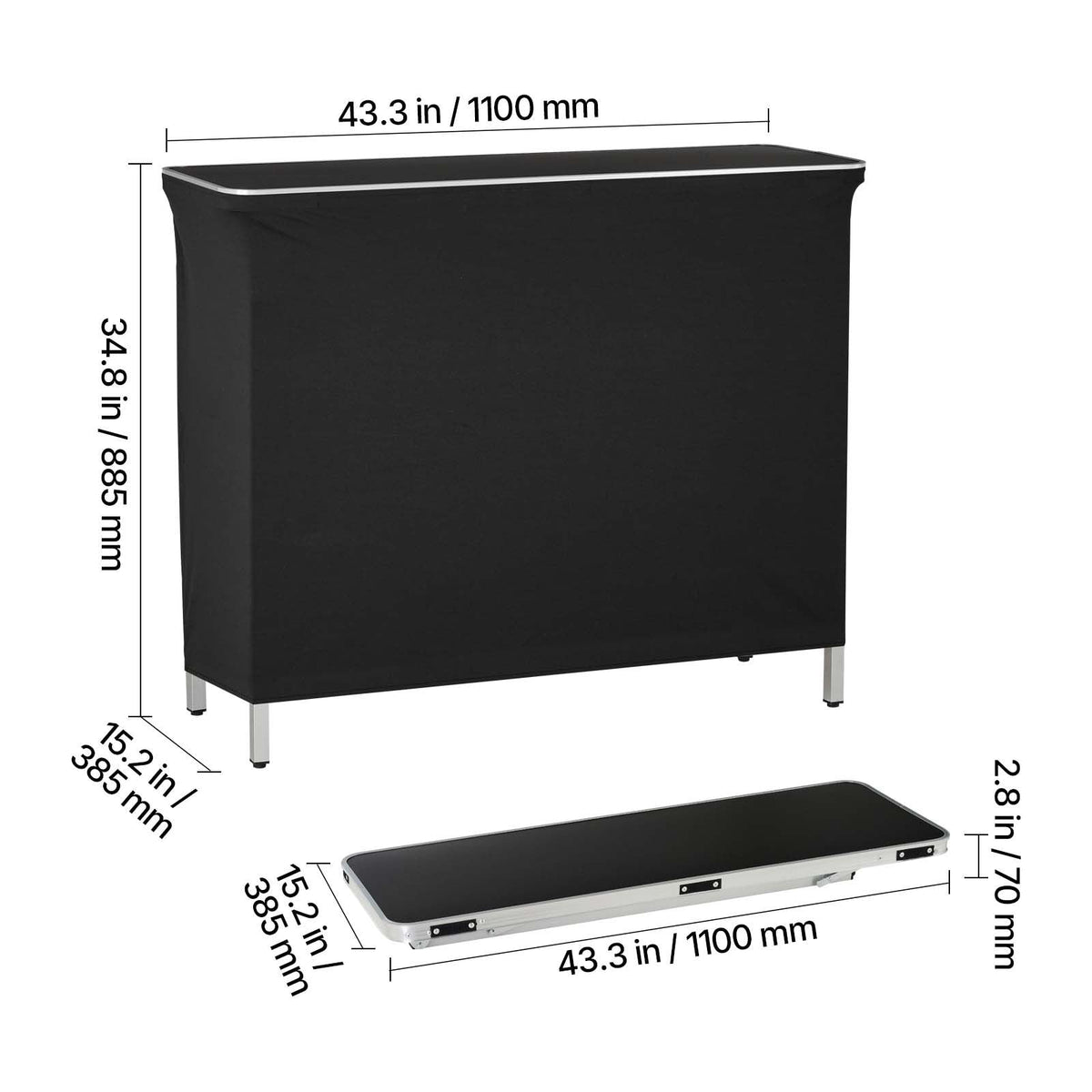 Folding Portable Bar Table, 43.3 x 15.2 x 34.8 in, with Carry Bag, Storage Shelf, and Detachable Skirt, Quick and Easy Setup, Foldable Mobile Bartending Station for Events, Party, Tradeshow