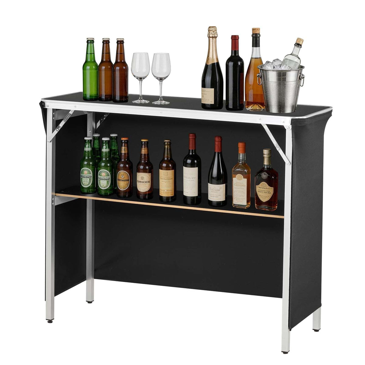 Folding Portable Bar Table, 43.3 x 15.2 x 34.8 in, with Carry Bag, Storage Shelf, and Detachable Skirt, Quick and Easy Setup, Foldable Mobile Bartending Station for Events, Party, Tradeshow
