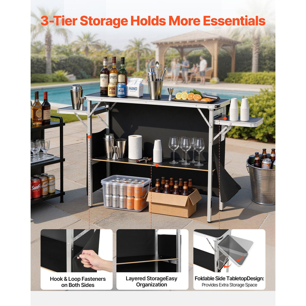 Folding Portable Bar Table, 43.3 x 15.4 x 34.6 in, with Carry Bag, Storage Shelf, and Detachable Skirt, Quick and Easy Setup, Foldable Mobile Bartending Station for Events, Party, Tradeshow