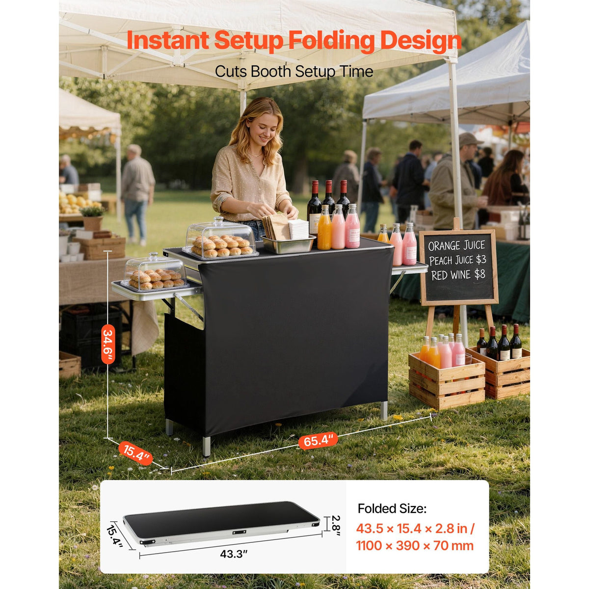 Folding Portable Bar Table, 43.3 x 15.4 x 34.6 in, with Carry Bag, Storage Shelf, and Detachable Skirt, Quick and Easy Setup, Foldable Mobile Bartending Station for Events, Party, Tradeshow