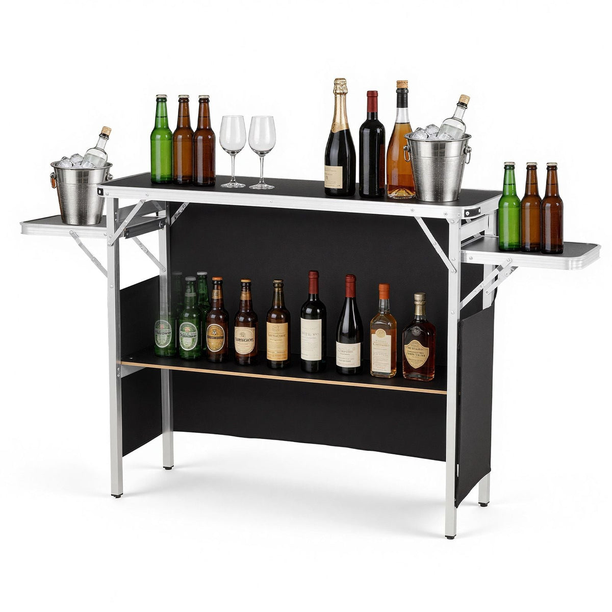 Folding Portable Bar Table, 43.3 x 15.4 x 34.6 in, with Carry Bag, Storage Shelf, and Detachable Skirt, Quick and Easy Setup, Foldable Mobile Bartending Station for Events, Party, Tradeshow