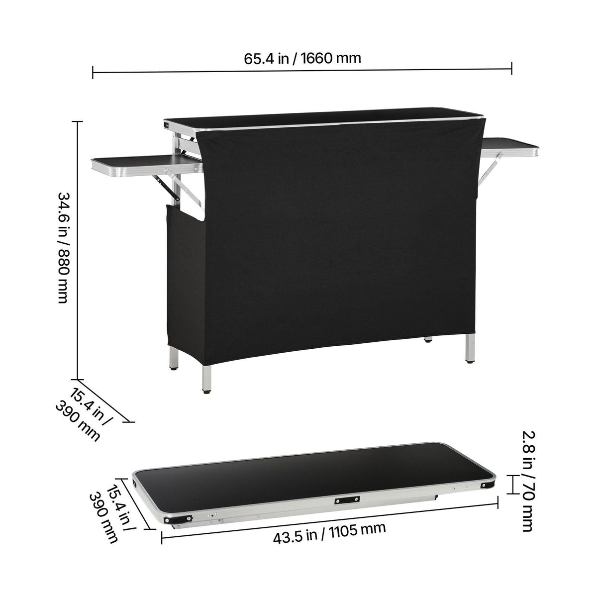 Folding Portable Bar Table, 43.3 x 15.4 x 34.6 in, with Carry Bag, Storage Shelf, and Detachable Skirt, Quick and Easy Setup, Foldable Mobile Bartending Station for Events, Party, Tradeshow