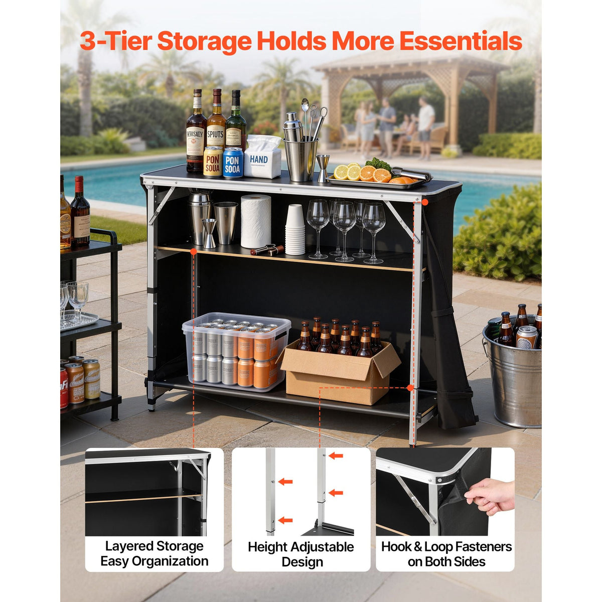 Folding Portable Bar Table, 43.5 x 15.4 x 39.8 in, with Carry Bag, 2 Storage Shelves, and Detachable Skirt, Quick and Easy Setup, Foldable Mobile Bartending Station for Events, Party, Tradeshow