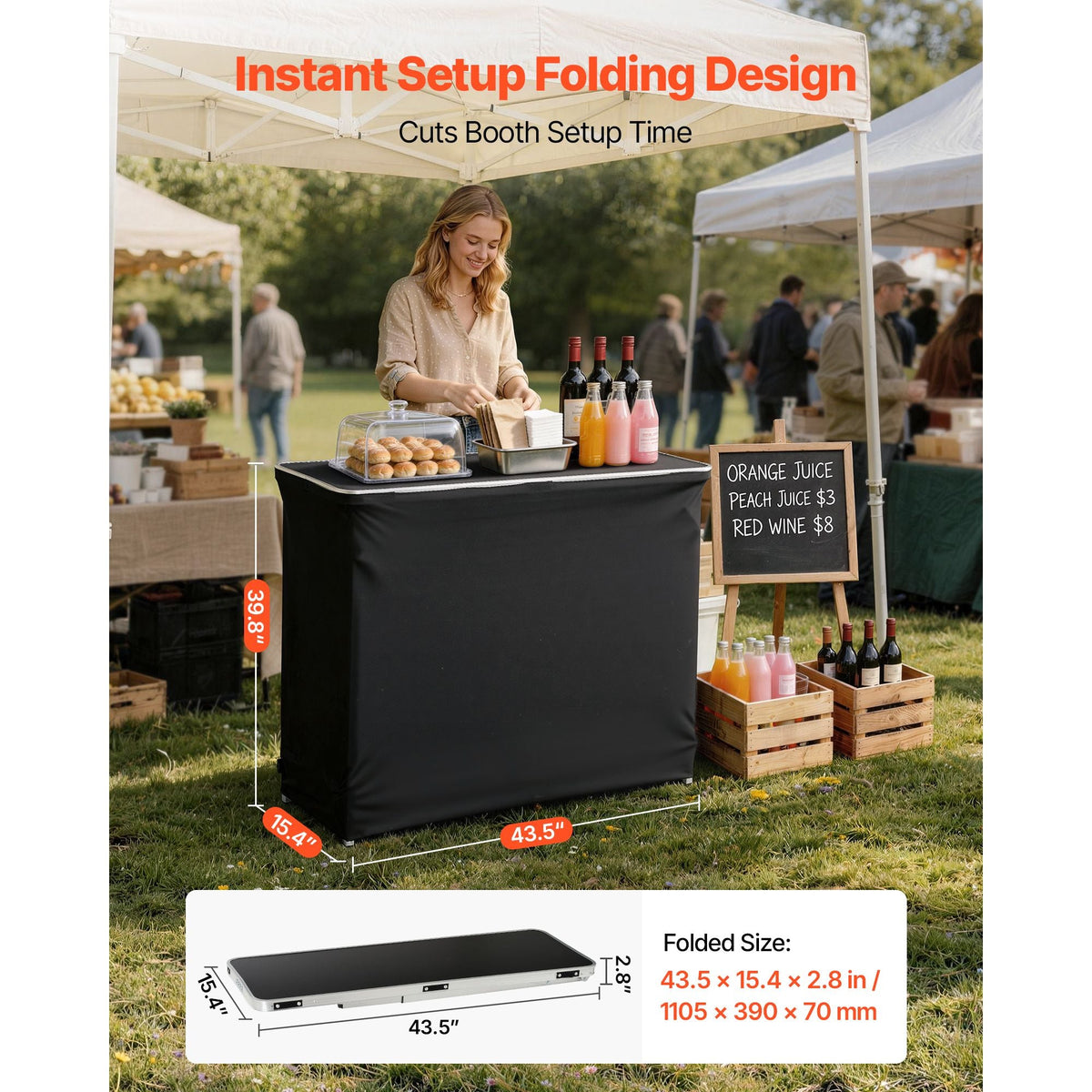 Folding Portable Bar Table, 43.5 x 15.4 x 39.8 in, with Carry Bag, 2 Storage Shelves, and Detachable Skirt, Quick and Easy Setup, Foldable Mobile Bartending Station for Events, Party, Tradeshow