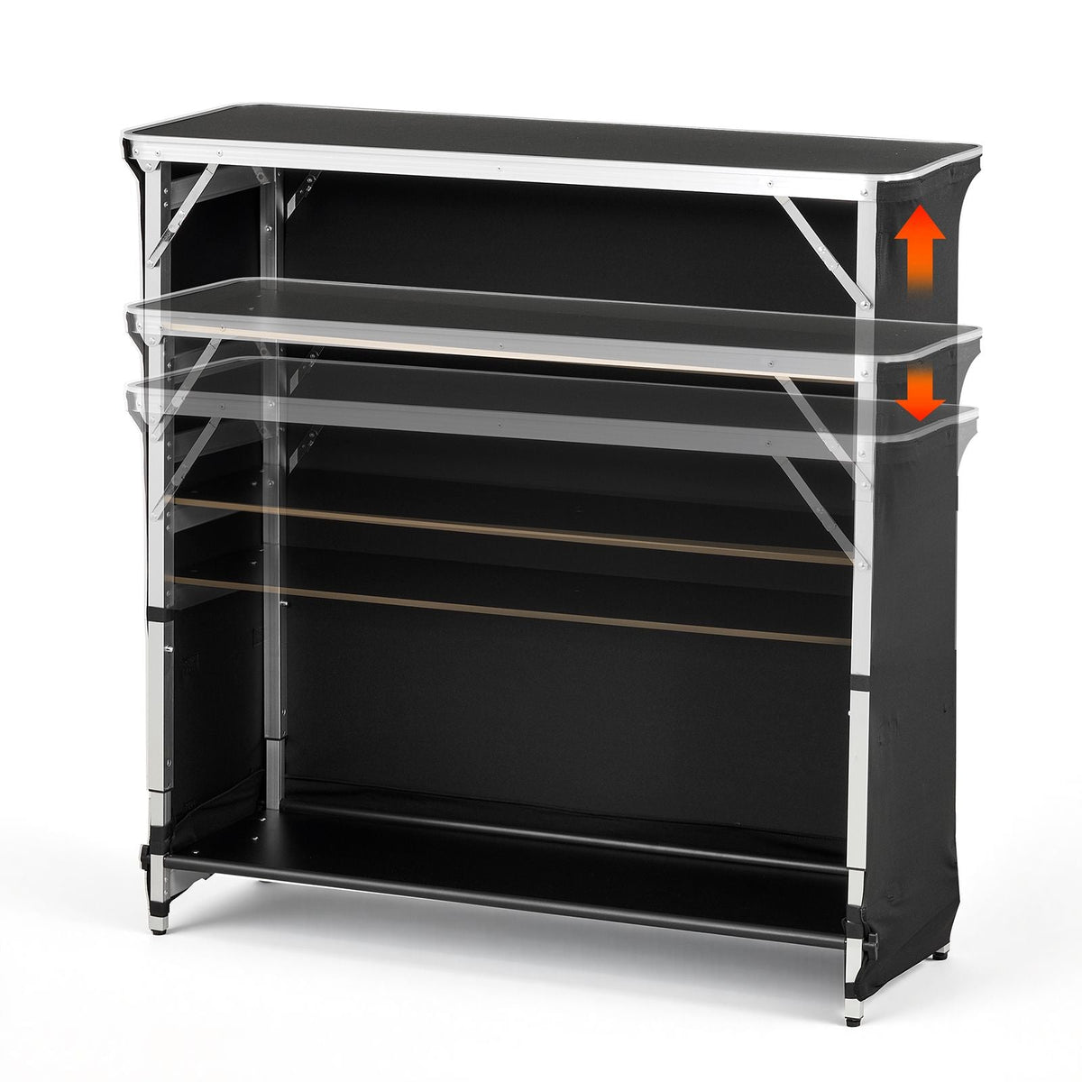 Folding Portable Bar Table, 43.5 x 15.4 x 39.8 in, with Carry Bag, 2 Storage Shelves, and Detachable Skirt, Quick and Easy Setup, Foldable Mobile Bartending Station for Events, Party, Tradeshow