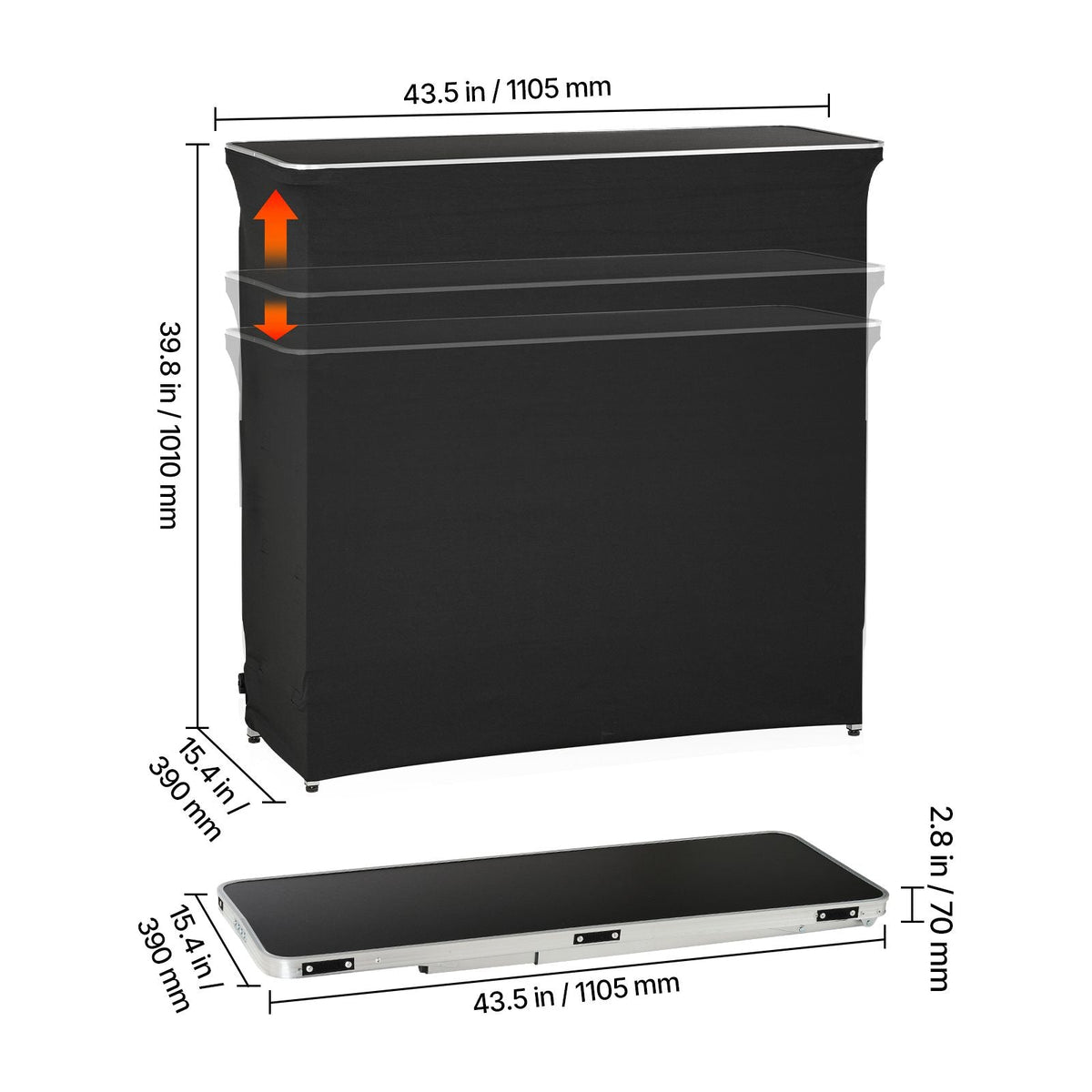 Folding Portable Bar Table, 43.5 x 15.4 x 39.8 in, with Carry Bag, 2 Storage Shelves, and Detachable Skirt, Quick and Easy Setup, Foldable Mobile Bartending Station for Events, Party, Tradeshow