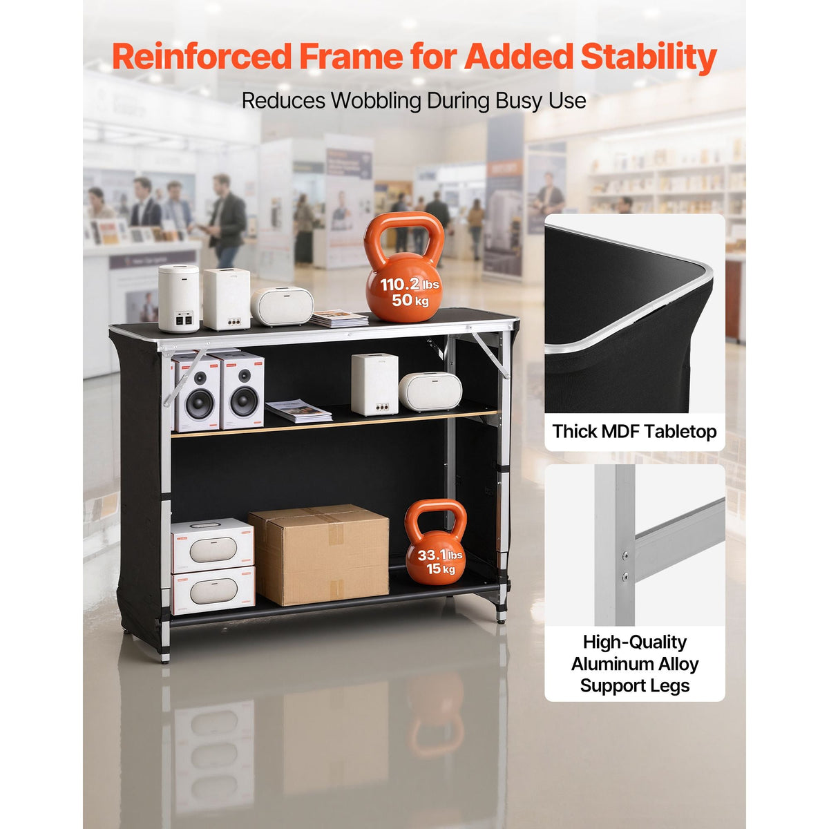 Folding Portable Bar Table, 43.5 x 15.4 x 39.8 in, with Carry Bag, 2 Storage Shelves, and Detachable Skirt, Quick and Easy Setup, Foldable Mobile Bartending Station for Events, Party, Tradeshow
