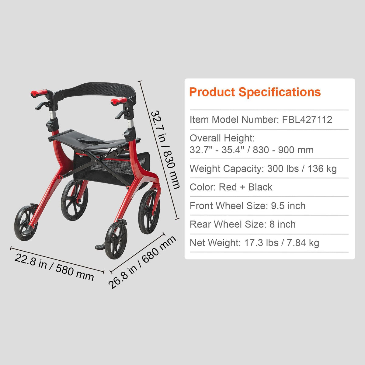 Folding Rollator Walker for Seniors and Adults, Lightweight Aluminum Rolling Walker with Seat and Adjustable Handle, 4-Wheel Outdoor Mobility Walker with Spacious Storage Bag, 300LBS Capacity
