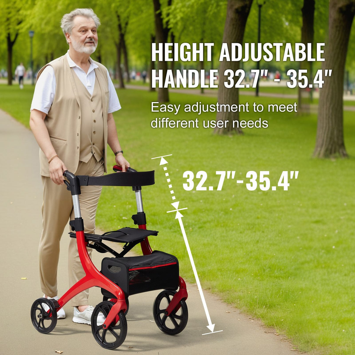 Folding Rollator Walker for Seniors and Adults, Lightweight Aluminum Rolling Walker with Seat and Adjustable Handle, 4-Wheel Outdoor Mobility Walker with Spacious Storage Bag, 300LBS Capacity